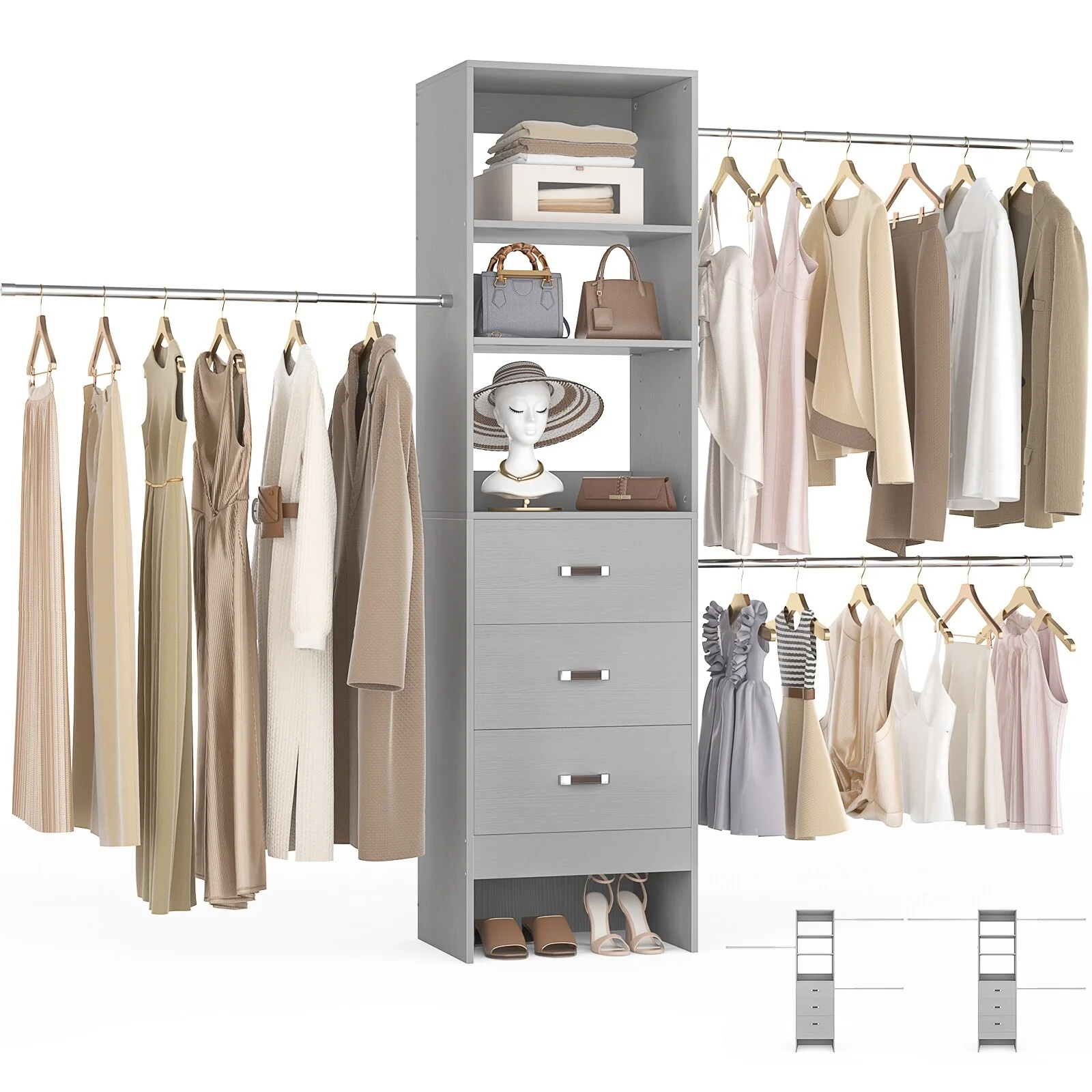 20.2'' - 96'' W Closet Organizer with Drawers, Closet System with Hanging Rods and Adjustable Shelves
