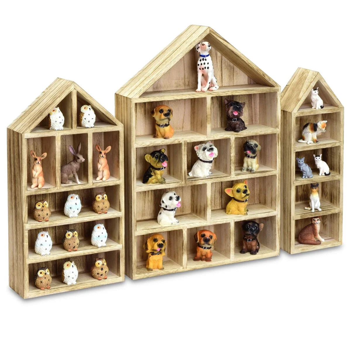 House-Shaped Wooden Shadow Cubby Display Shelf, Set of 3