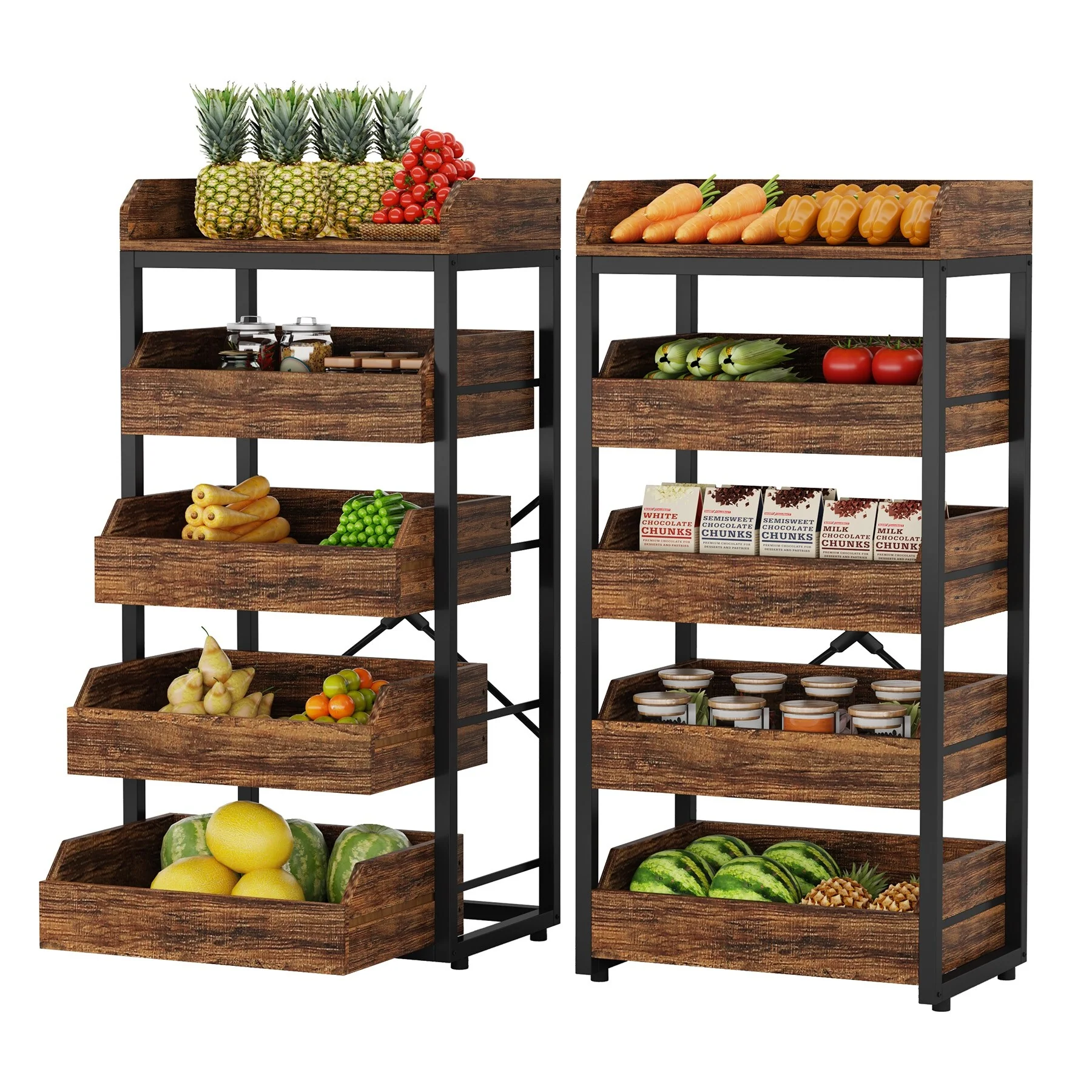 23.6'' W Fruit and Vegetable Wood Storage Rack, 5-Tier Pull-Out Snack Stand Fruit Basket Stand