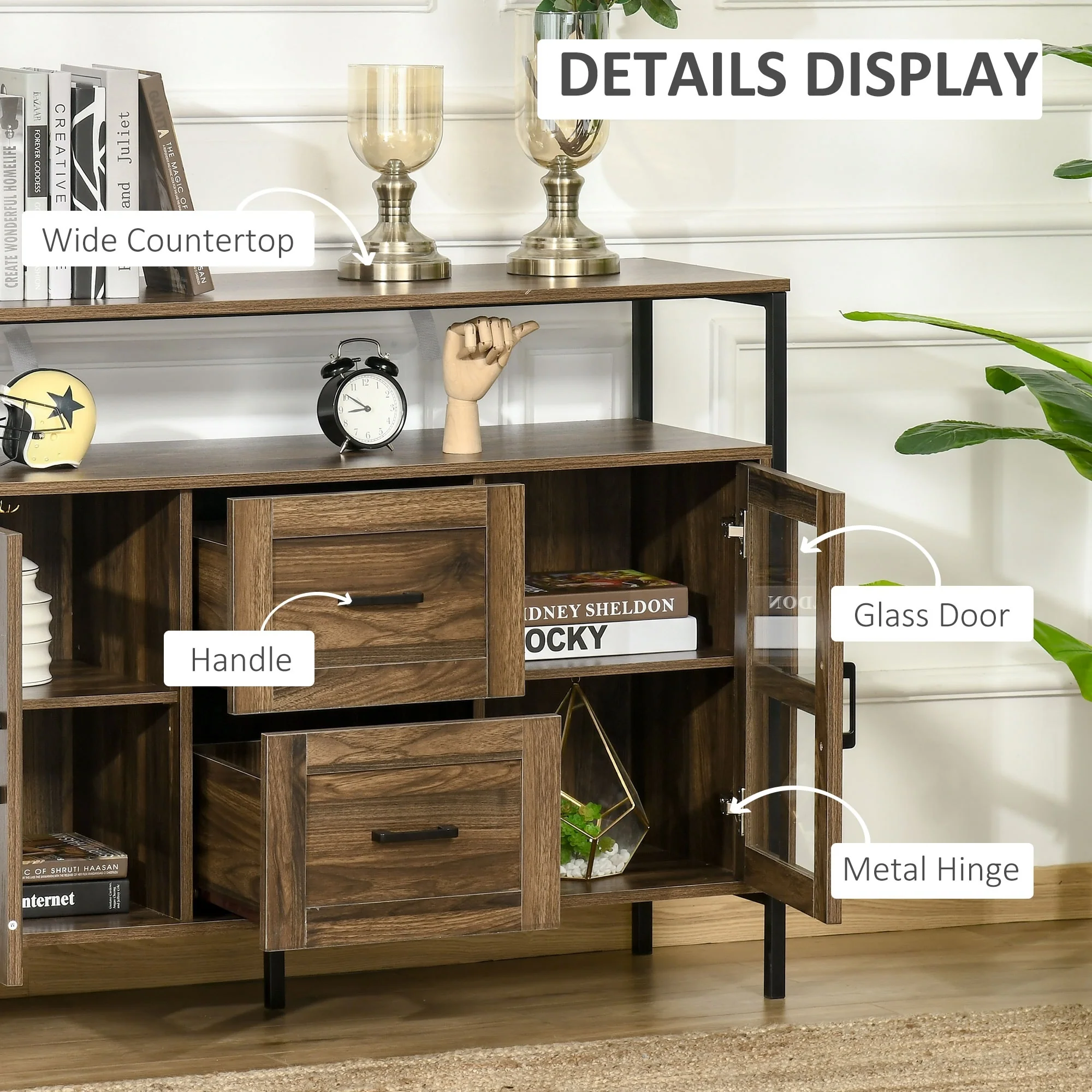 HOMCOM Rustic Kitchen Sideboard, Serving Buffet Cabinet with Adjustable Shelves, Glass Doors, and 2 Drawers