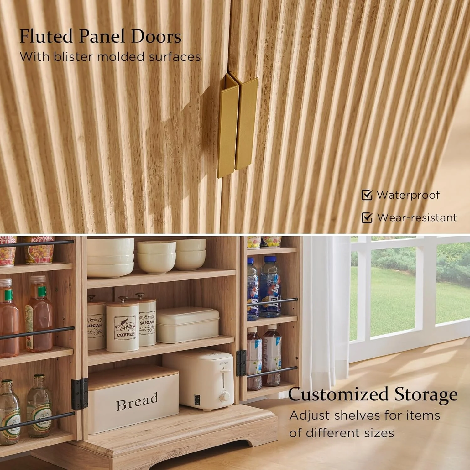 Modern Fluted Pantry Cabinet, Storage Cabinet, Wood Cupboard Organizer