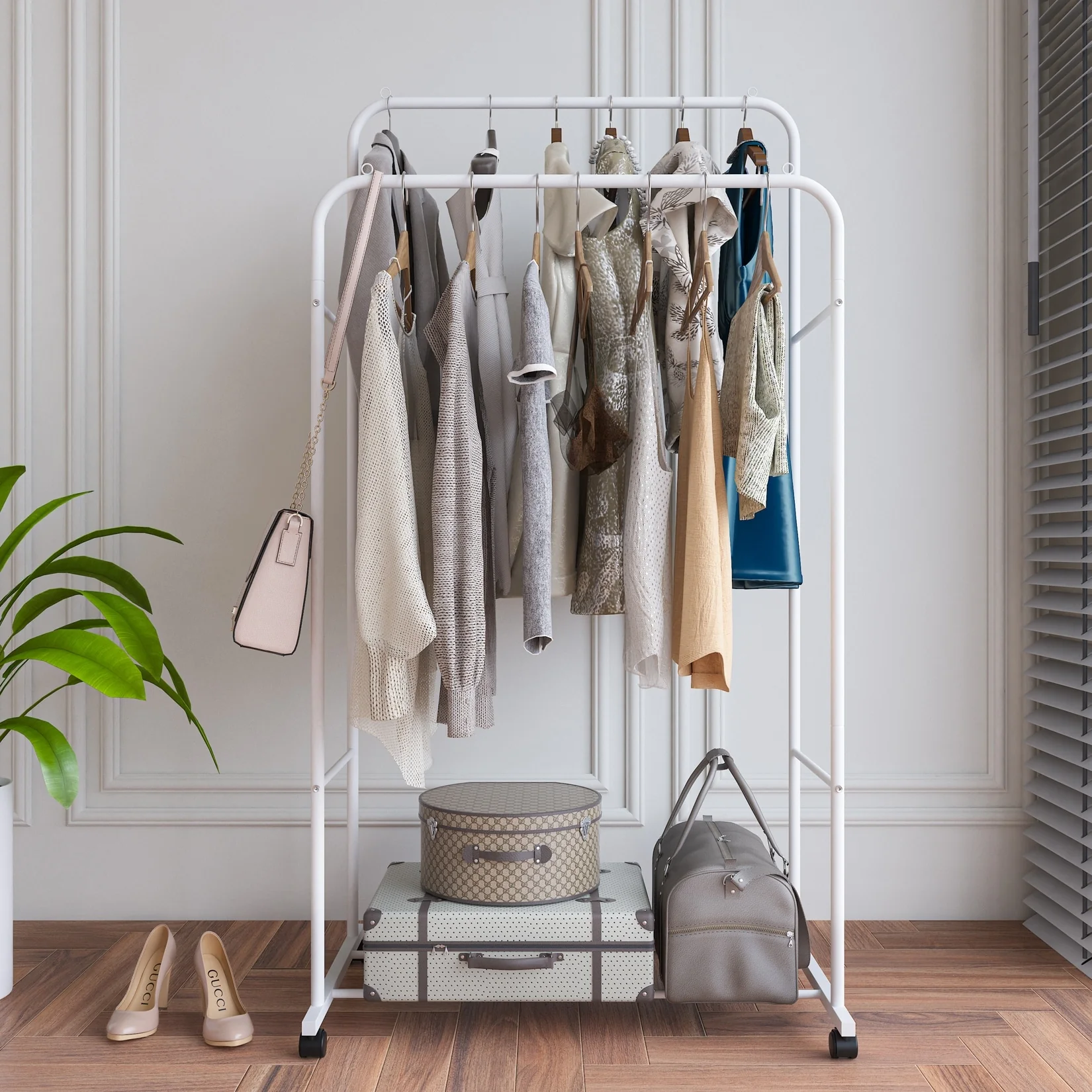 Heavy Duty Clothes Rack Double Rod Clothing Stand with Shelf - 31.4x20x61 inch