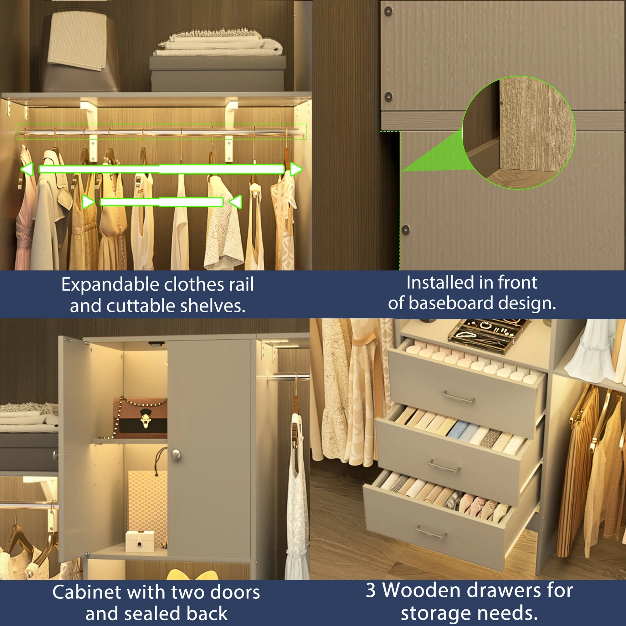 20''-96'' Wide Wooden Closet Organizer With Doors, Adjustable Closet System with Drawers and Hanging Rods