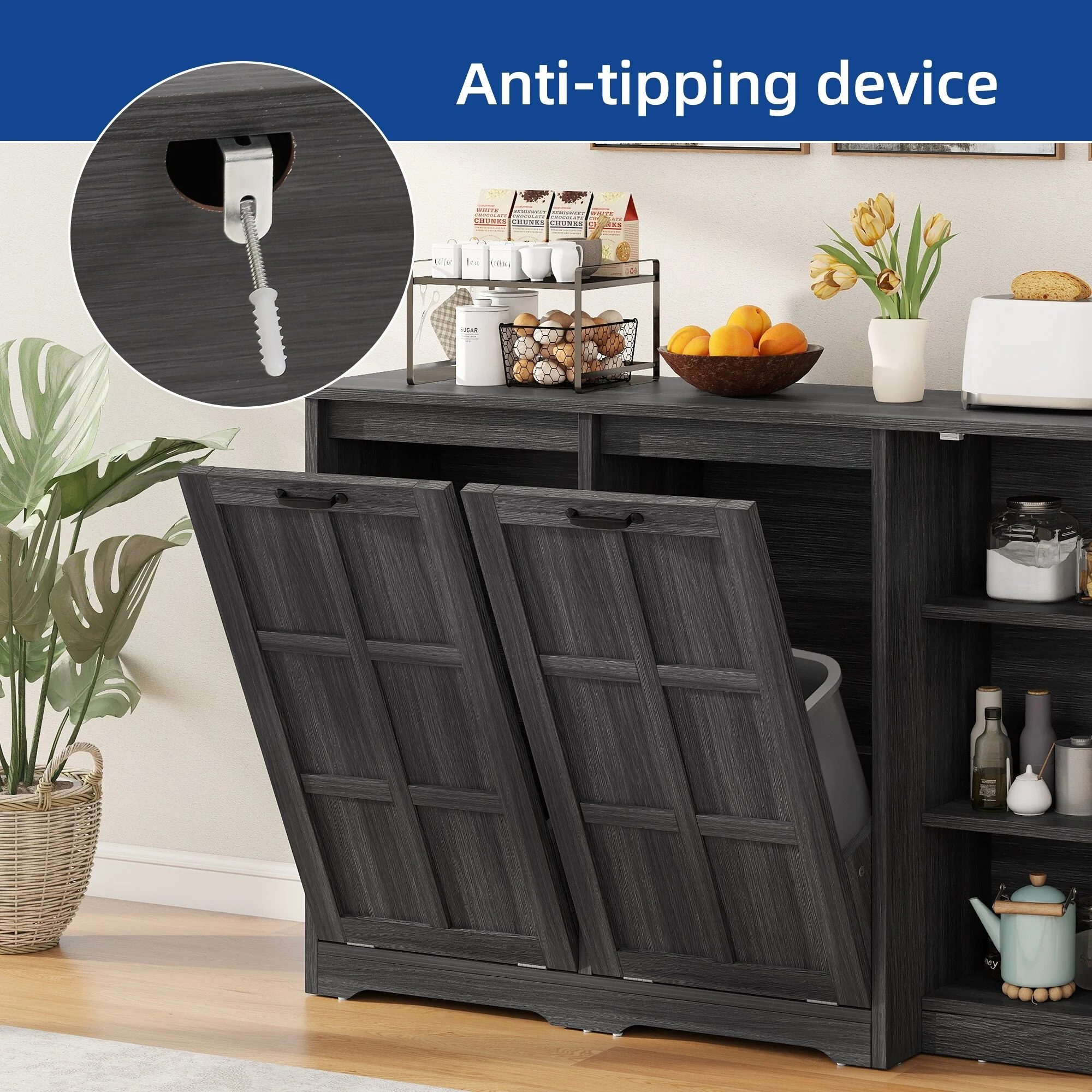 Moasis Kitchen Island with Double Tilt Out Trash Cabinet(13 Gallon) with Adjustable Shelves and Charging Station