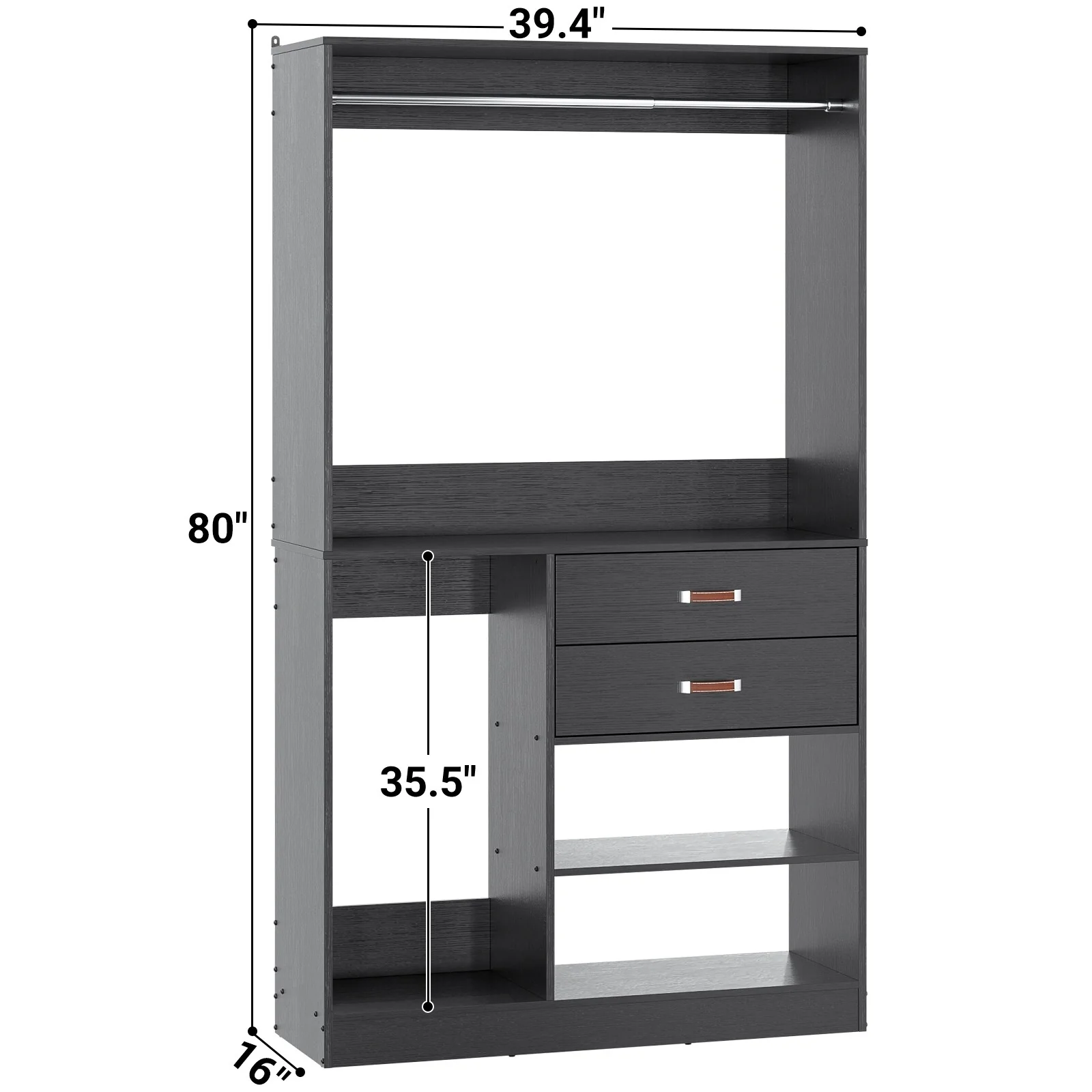 Vryon 40''W Freestanding Closet Organizer with Hanging Rod, Closet System Wardrobe with Wood Drawers