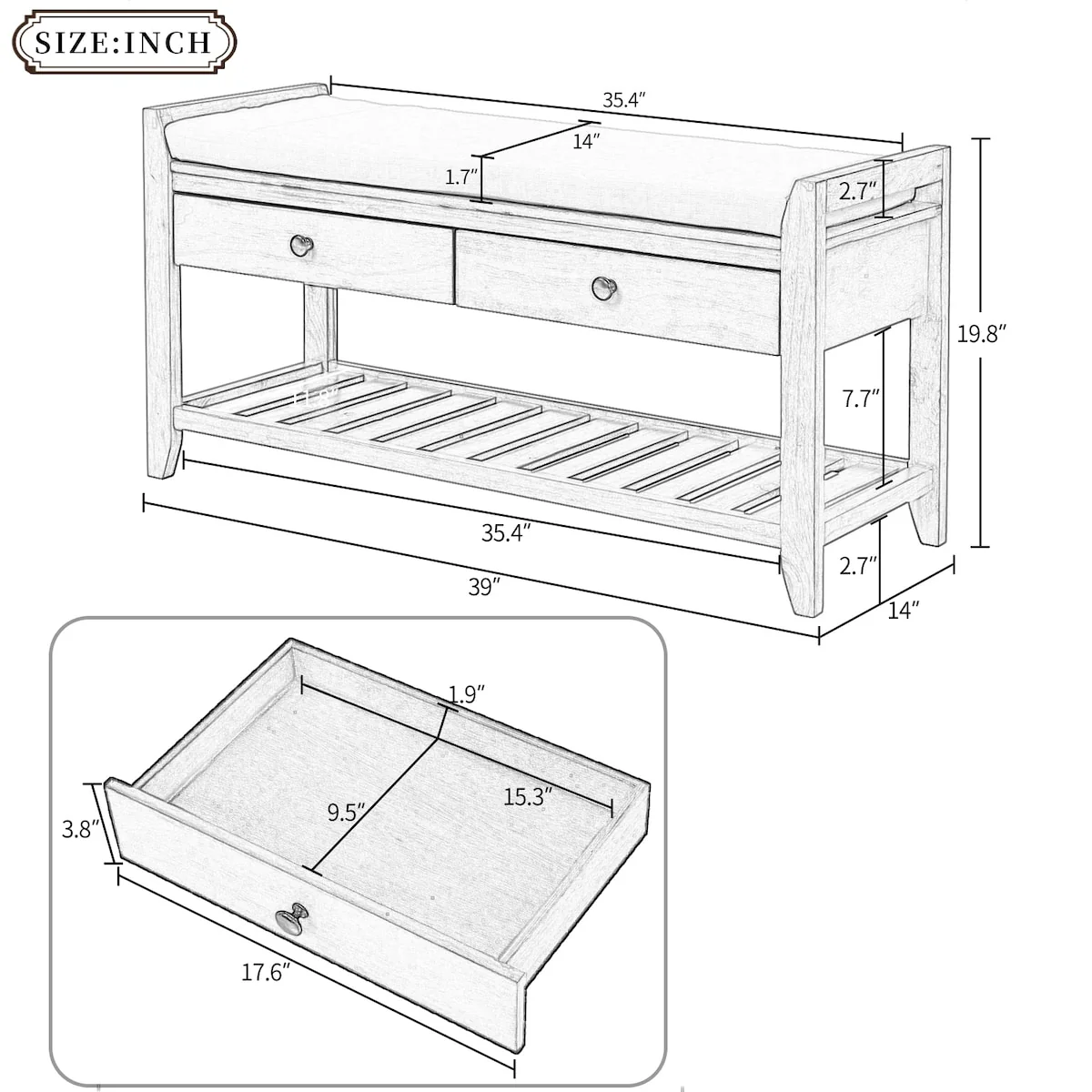 Modern Multipurpose Entryway Storage Bench With Upholstered Seat and Drawers