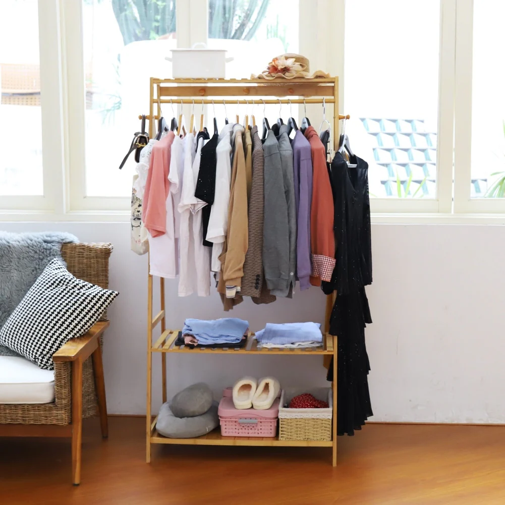 Bamboo Garment Coat Clothes Hanging Heavy Duty Rack with Top Shelf - 31 in. x 65 in.x 17 in.