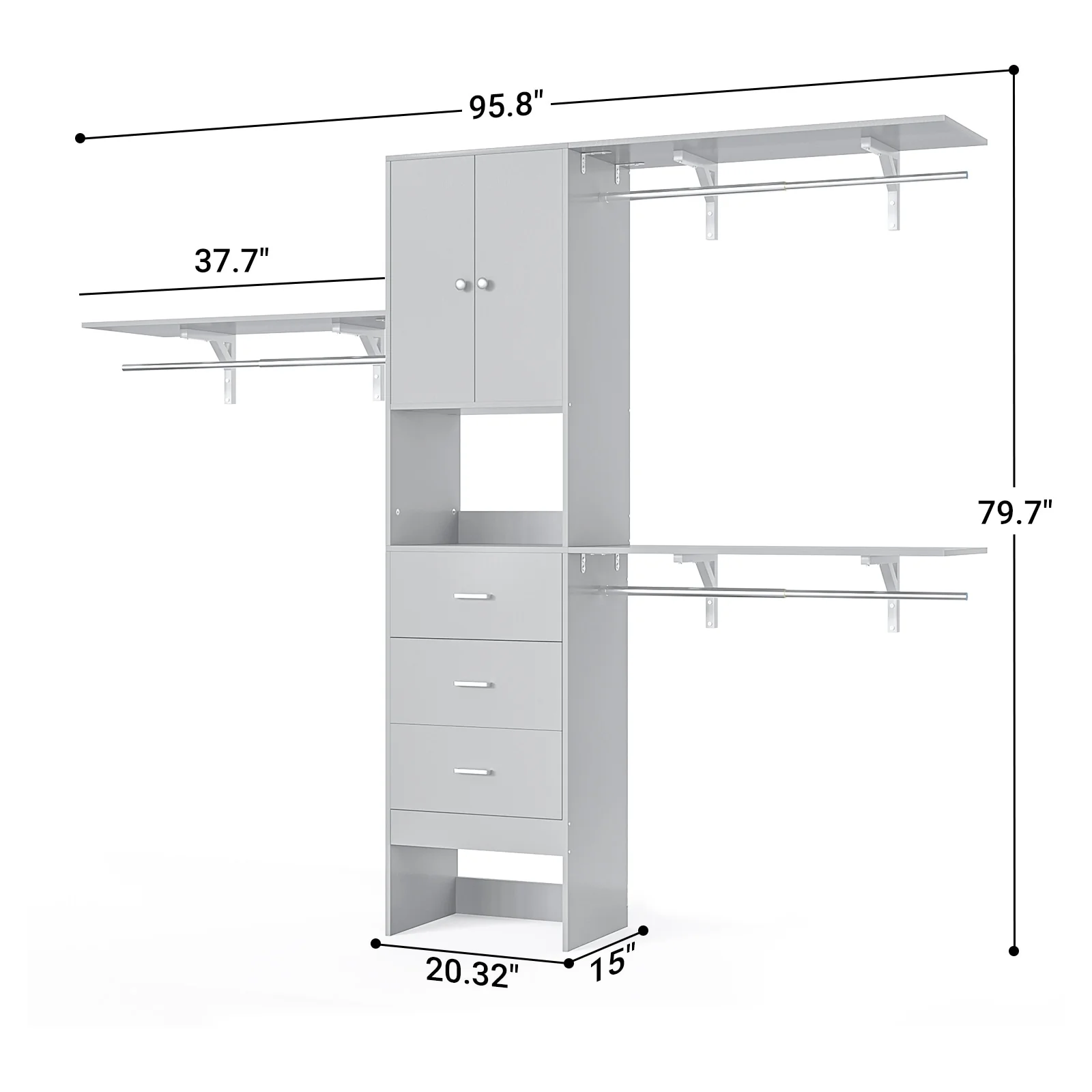 20''-96'' Wide Wooden Closet Organizer With Doors, Adjustable Closet System with Drawers and Hanging Rods