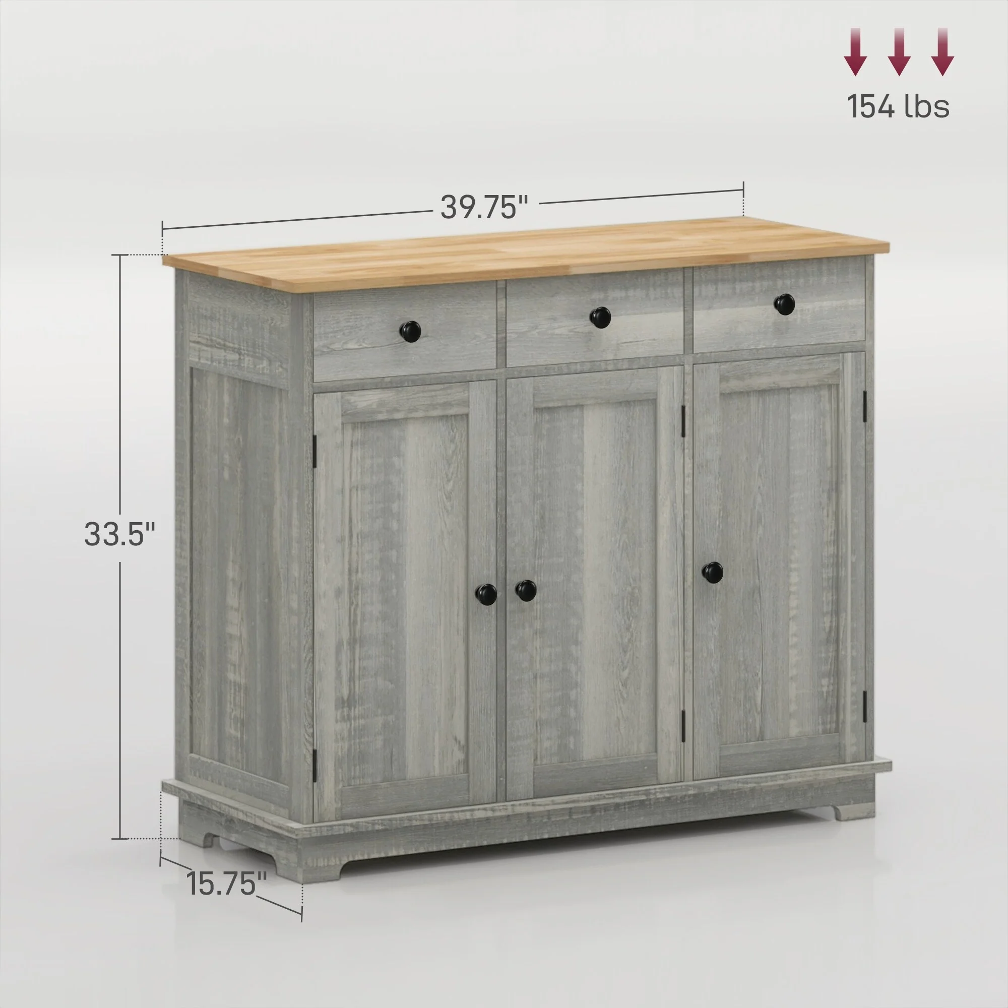 HOMCOM Sideboard with Solid Wood Countertop, Modern Kitchen Storage Cabinet, Coffee Bar Cabinet with 3 Drawers
