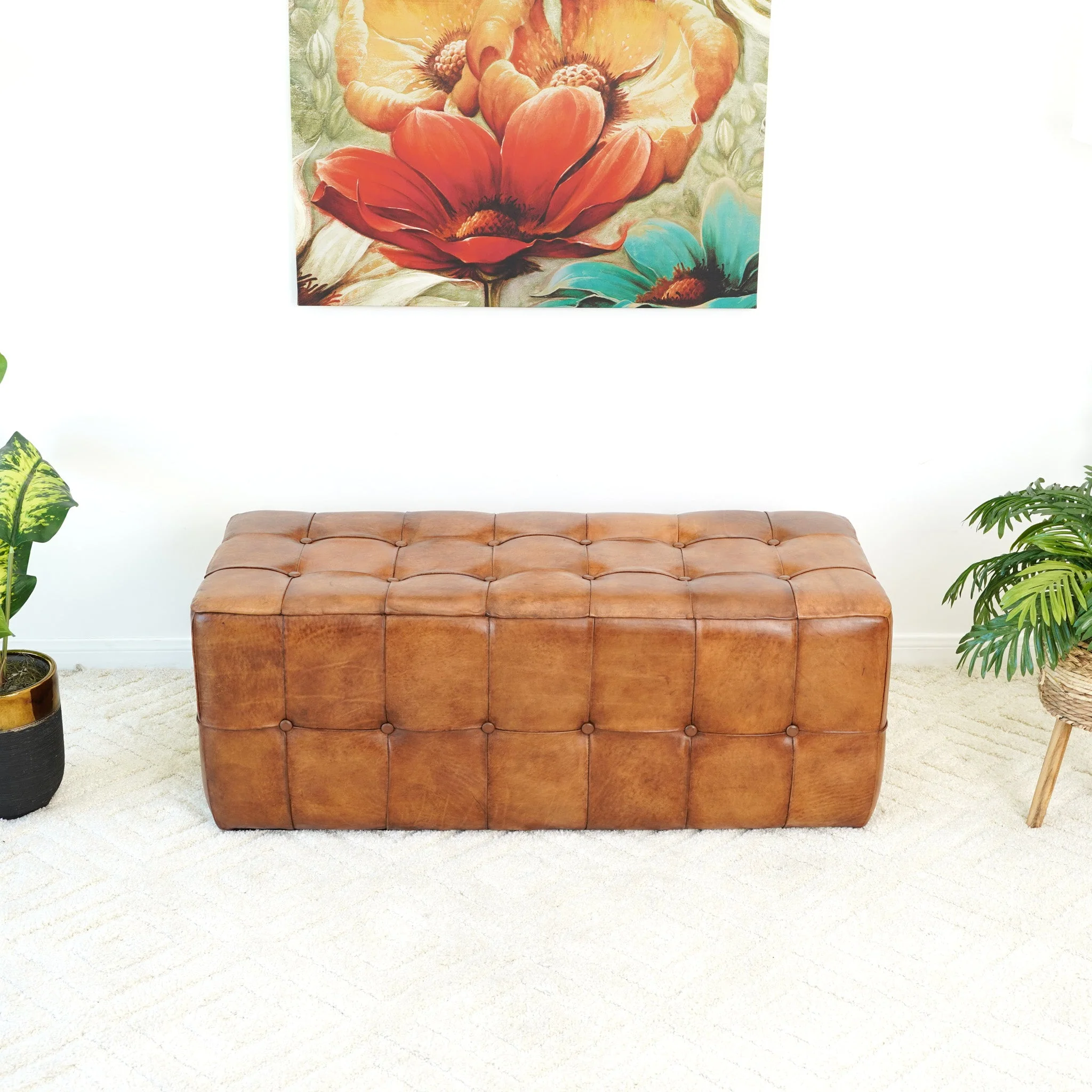 Benjiro Mid-Century Modern Tan Leather Tufted Ottoman