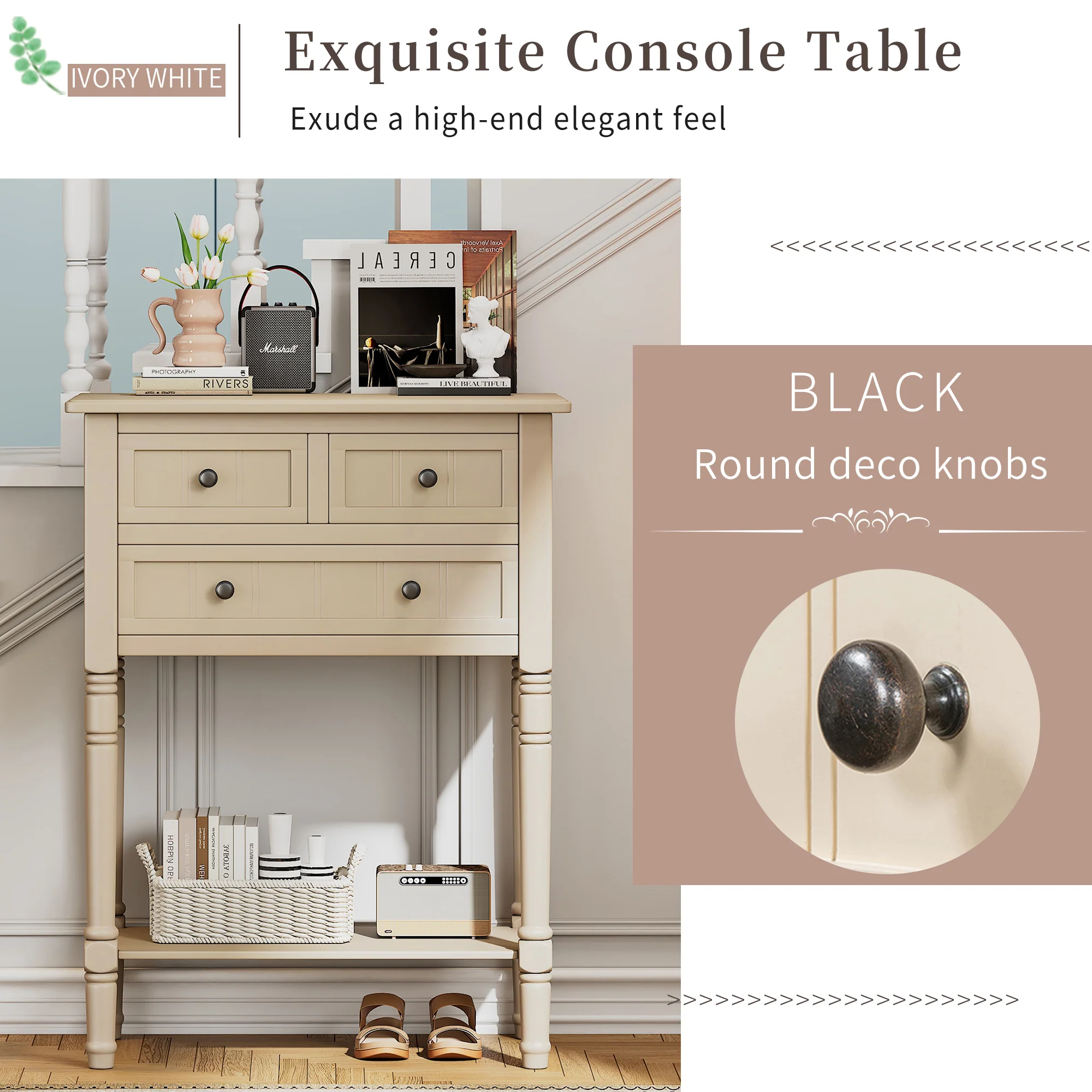 Conquest Narrow Console Table with 3 Drawers and Bottom Shelf