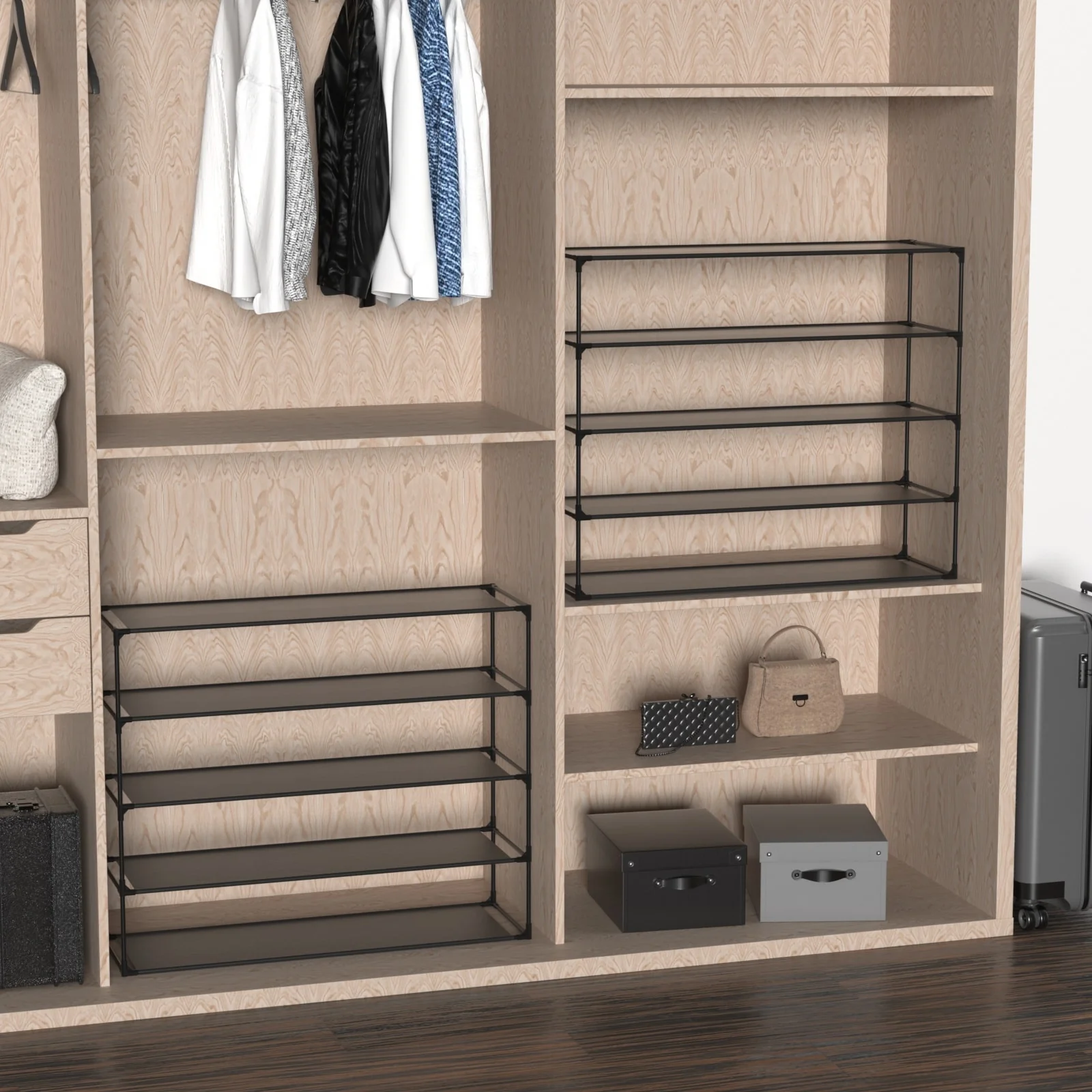 Shoe Rack Detachable Non-Woven Waterproof Fabric Shoe Organizer Tower Black Set of 2