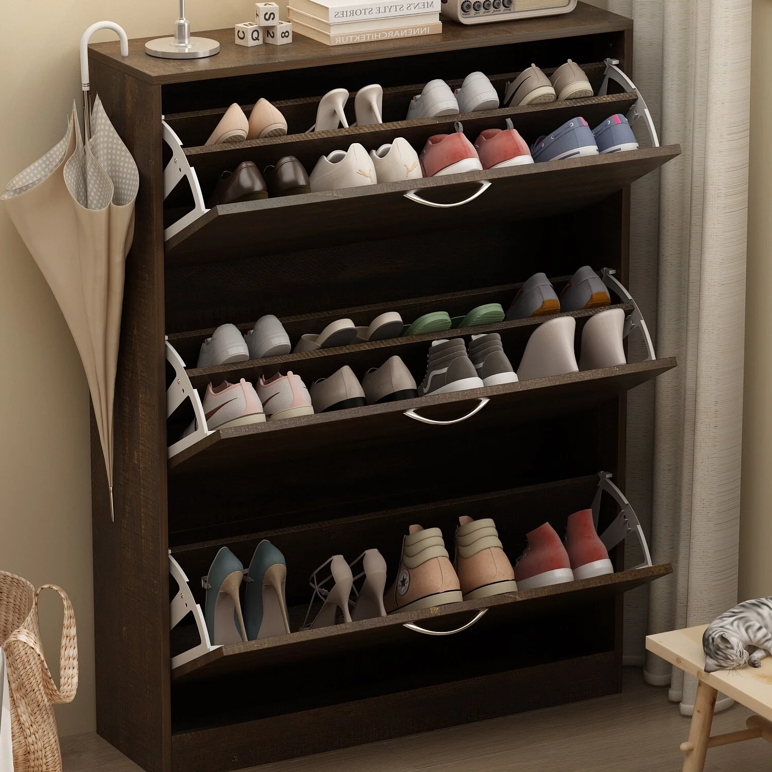 Shoe Cabinet Shoe Rack Storage Organizer with 3 Flip Drawers Entryway