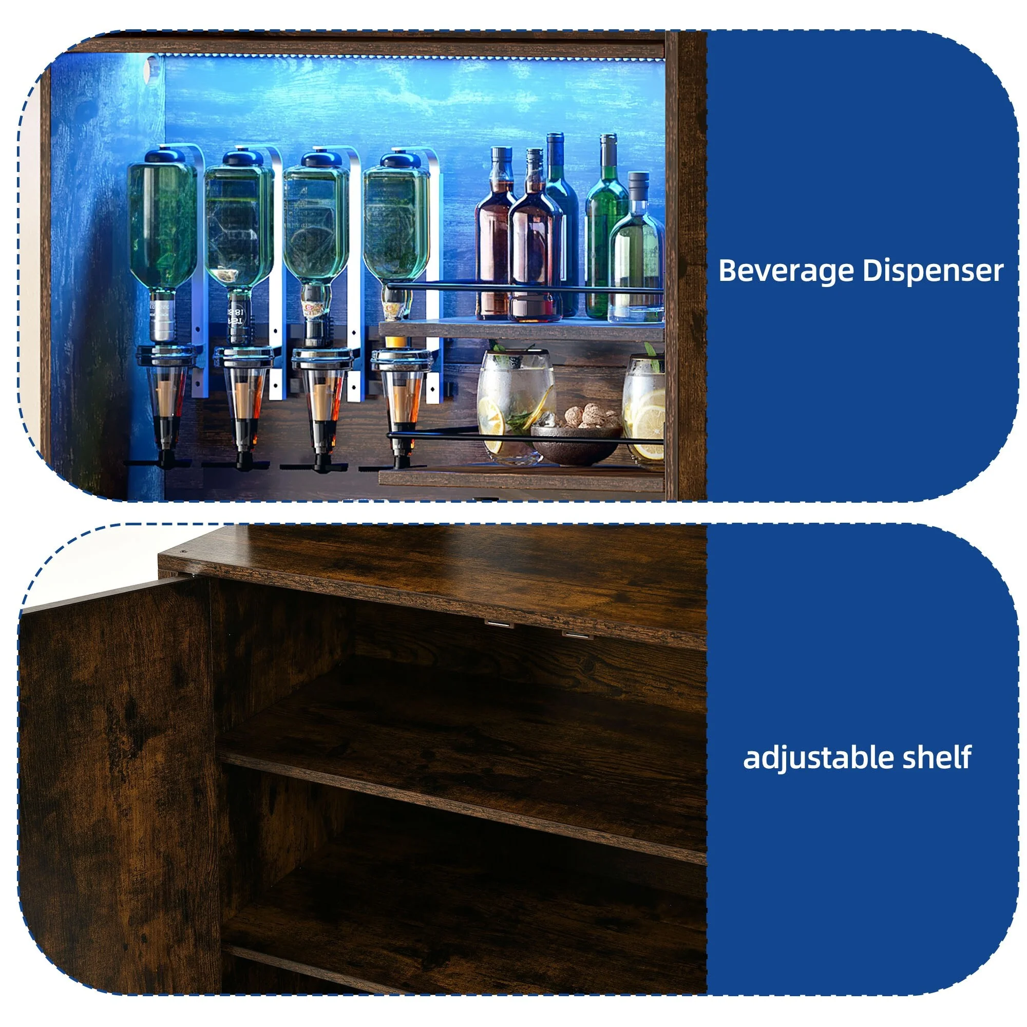Moasis Farmhouse Bar Cabinet Wine Rack with RGB Light and Power Outlet