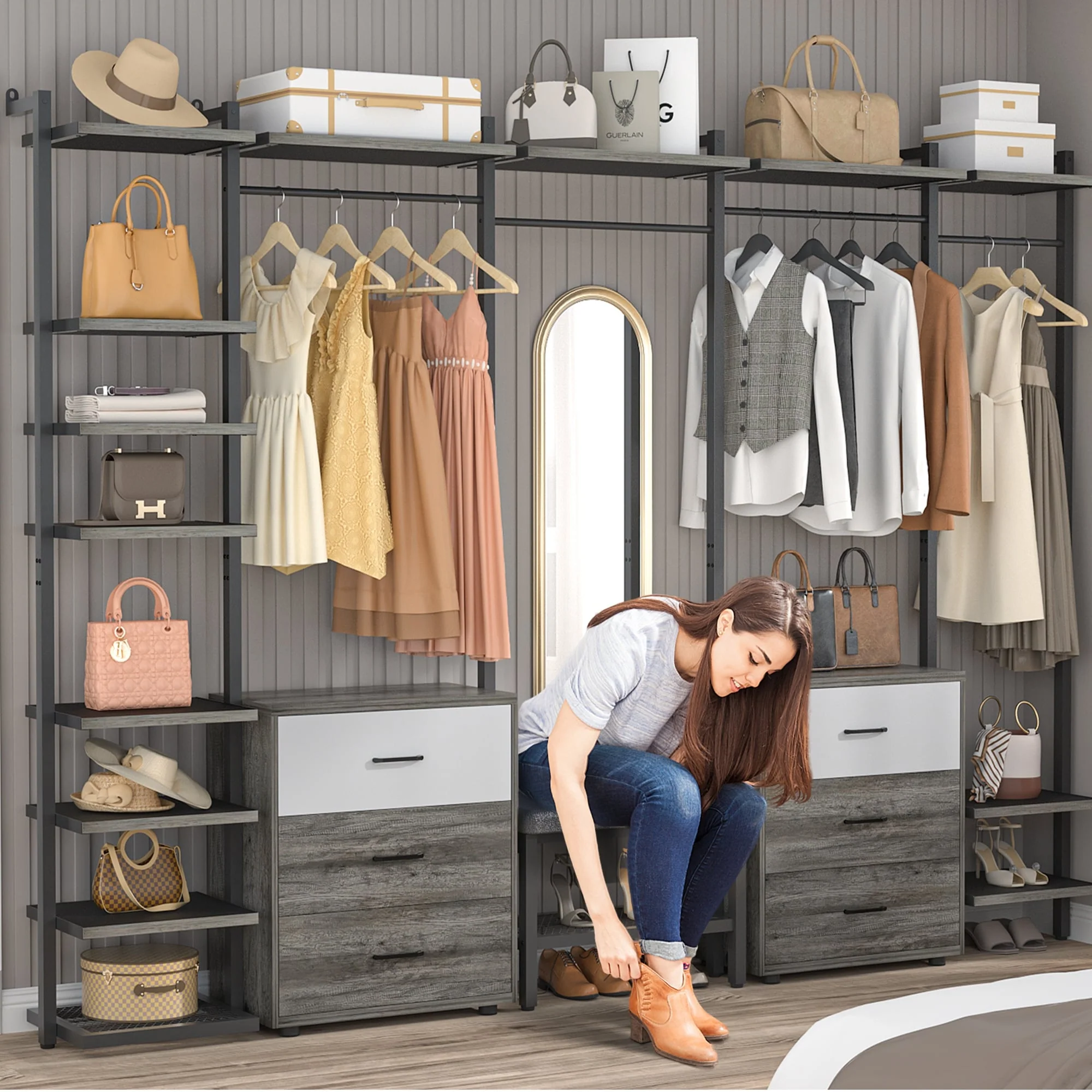 Walk in Closet System with 6 Closet Drawers, 96'' Multifunctional Clothes Rack Closet Organizer