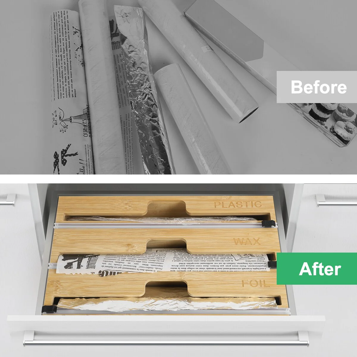 Plastic Wrap, Aluminum Foil and Wax Bamboo Dispenser for Kitchen Storage - 1PCS
