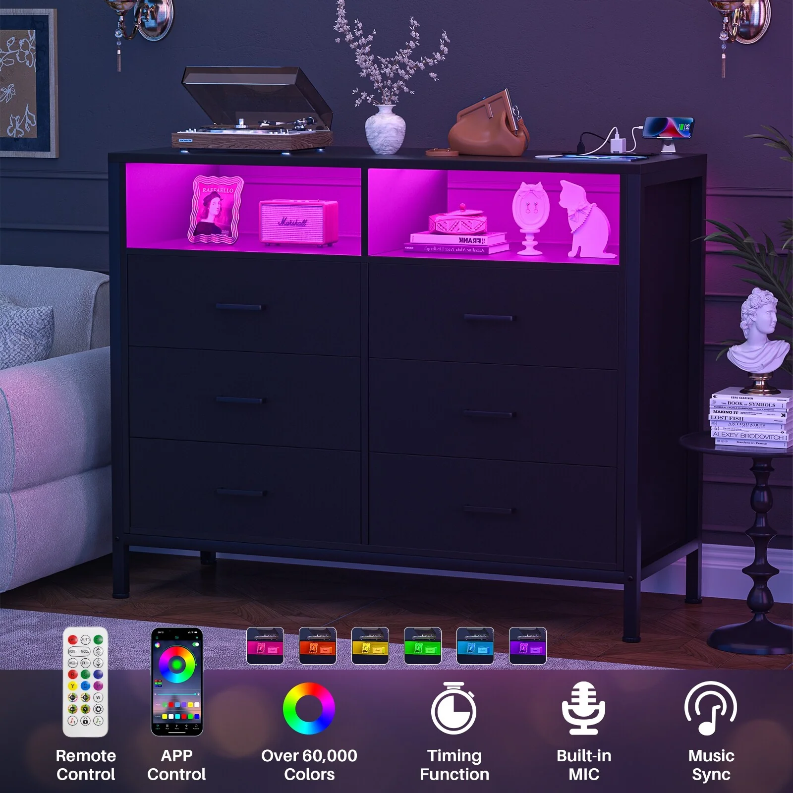 Chest of Drawers with LED Lights and Outlets,Wood Drawer Dresser for Clothes Storage