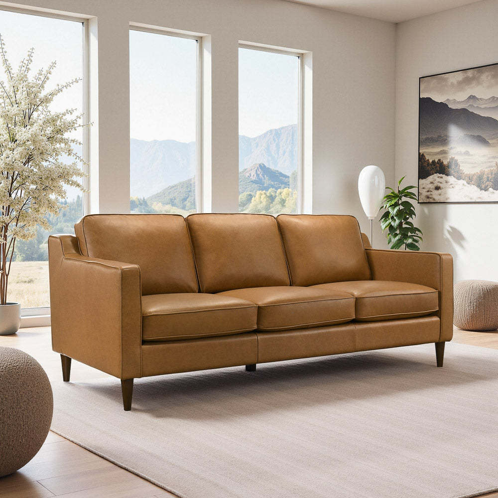 Cooper Mid Century Modern Tan Leather Sofa