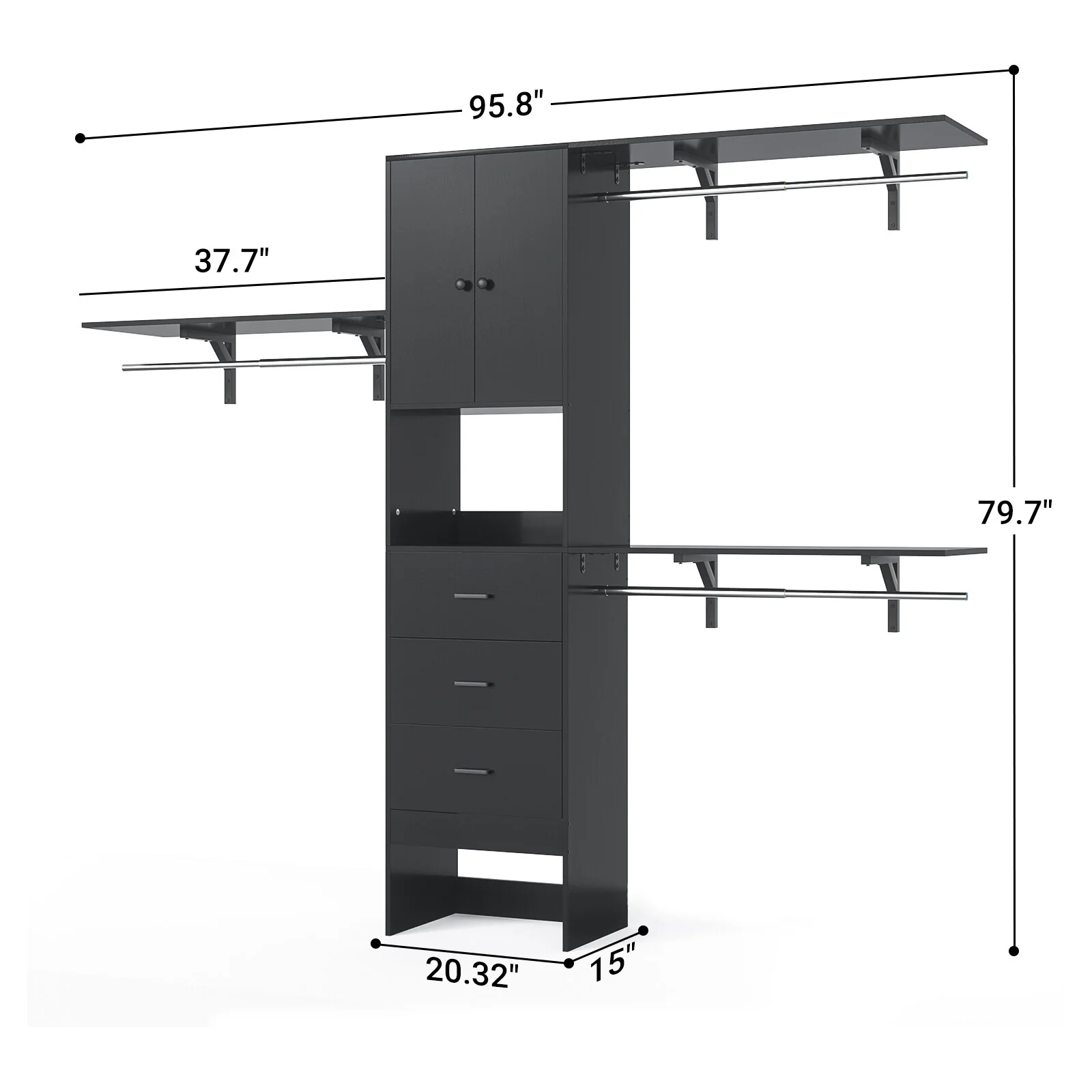 20''-96'' Wide Wooden Closet Organizer With Doors, Adjustable Closet System with Drawers and Hanging Rods