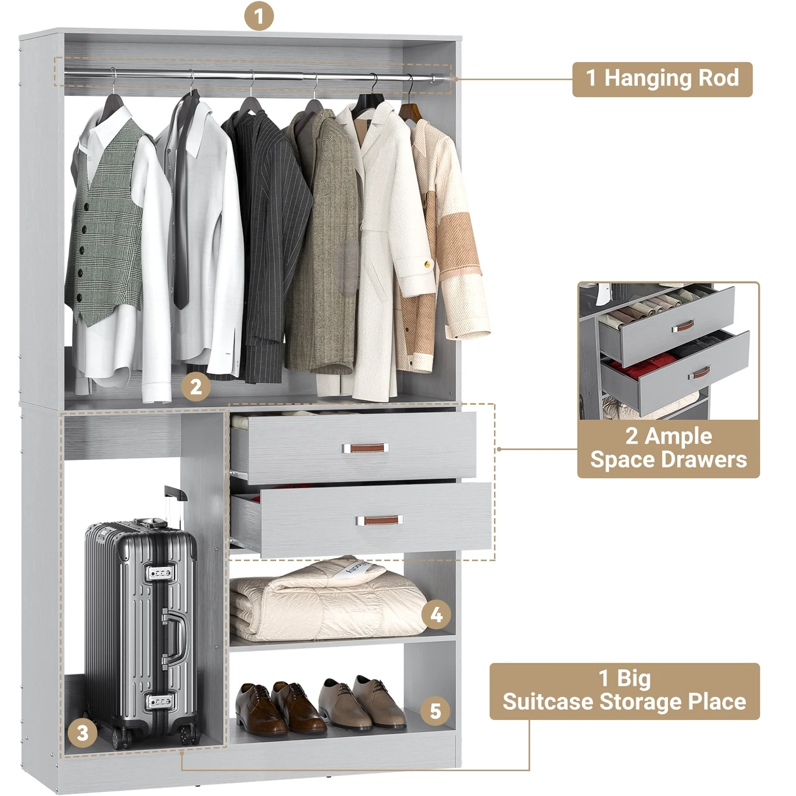 Vryon 40''W Freestanding Closet Organizer with Hanging Rod, Closet System Wardrobe with Wood Drawers