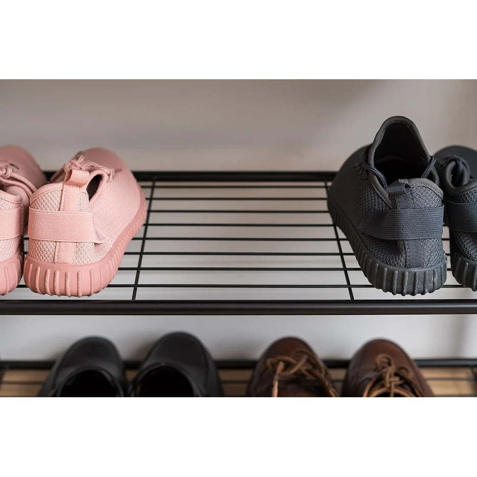 3-Tier Shoe Storage Organizer with Wood and Steel Shelf in Black