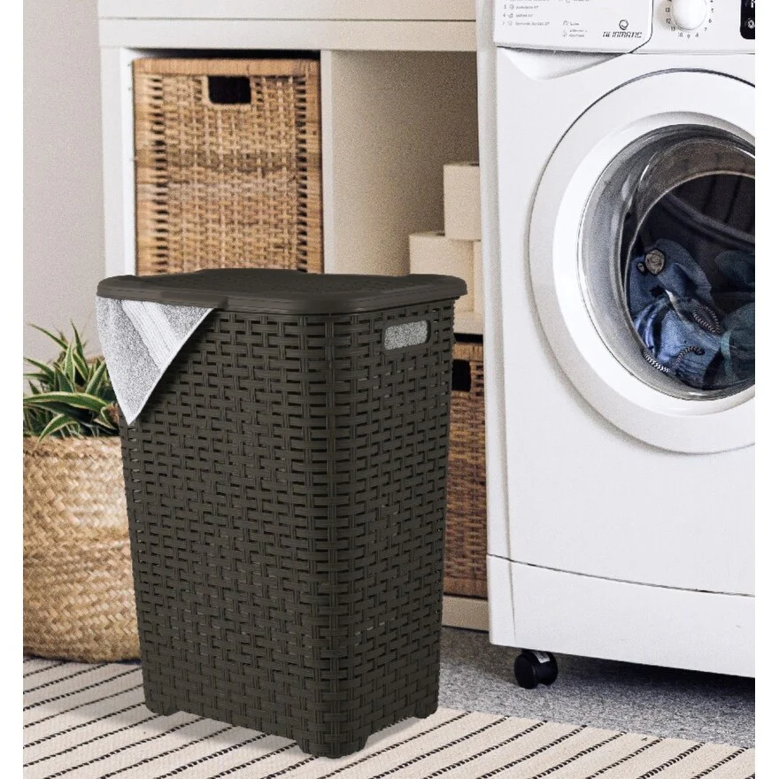 Superio Plastic Wicker Laundry Hamper with Lid Large Capacity - Capacity: 60l