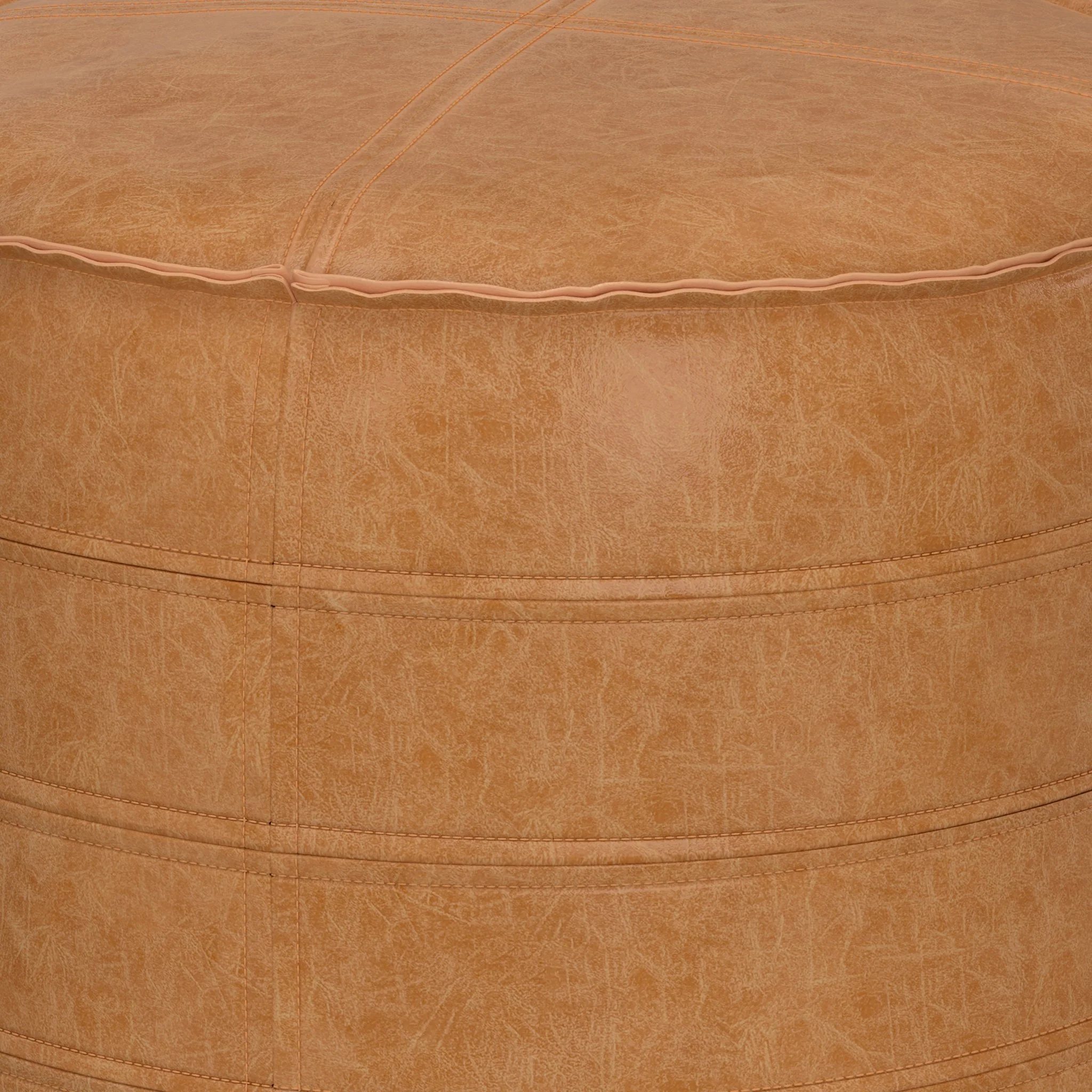Resonance Faux Leather Round Pouf with Top Stitching Detail and Zipper
