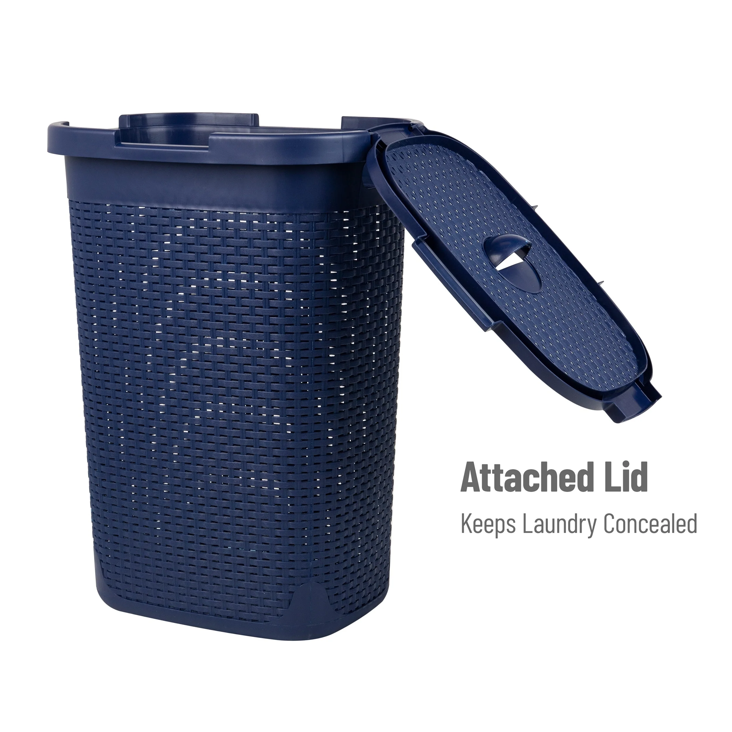 Mind Reader 60L Slim Laundry Hamper, Clothes Basket, Lid, Wicker Design, Plastic, 17.65