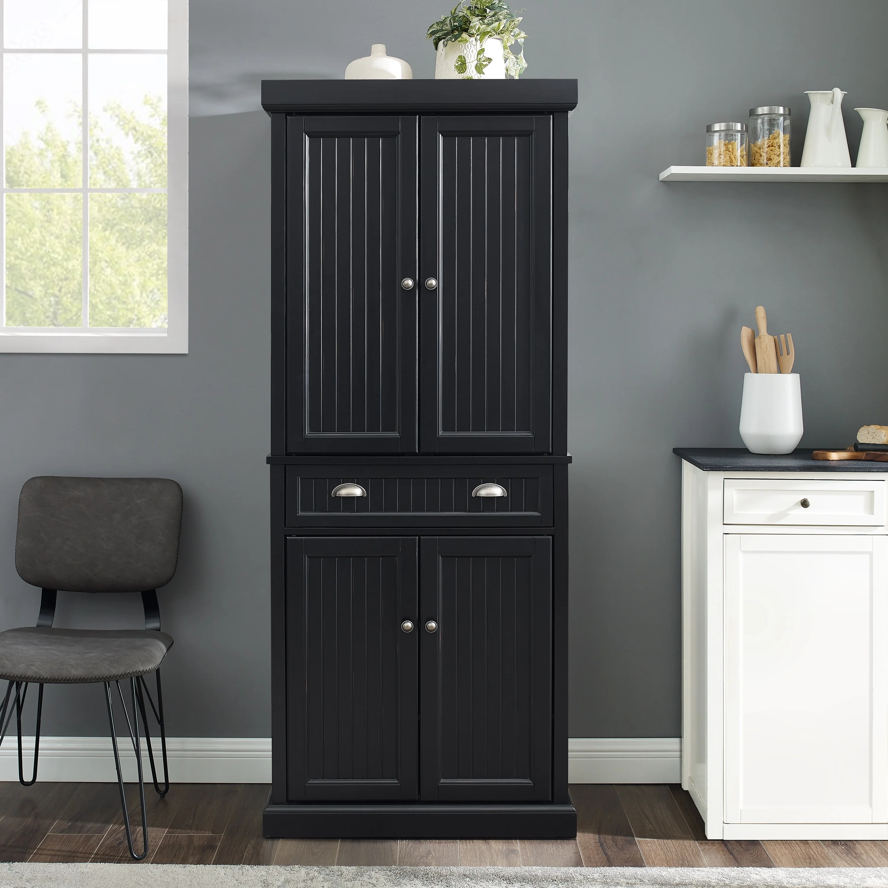 Crosley Seaside Kitchen Pantry in Distressed Black Finish