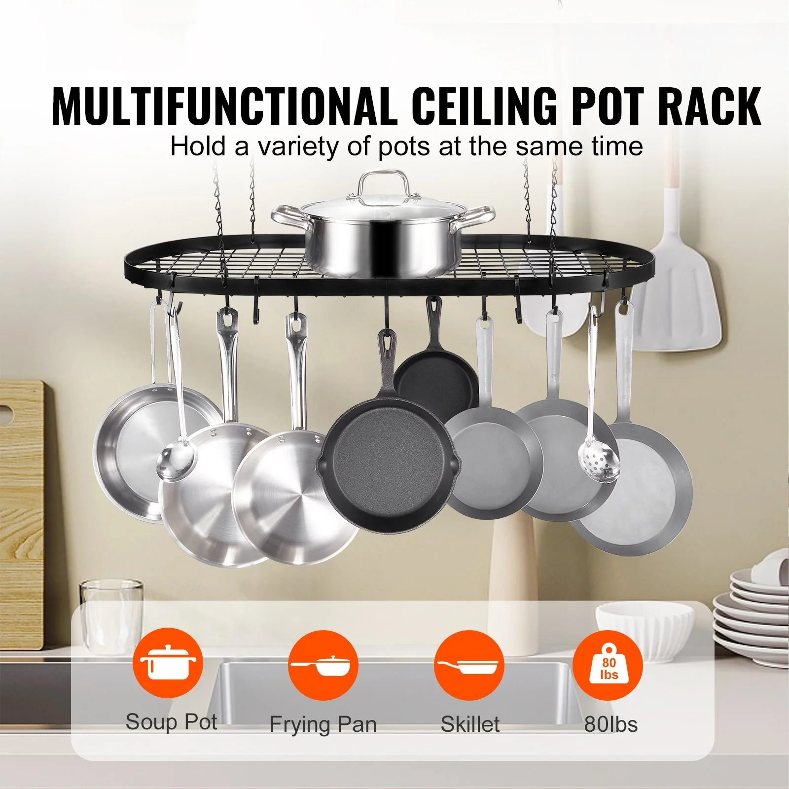 Black Carbon Steel Ceiling Mounted Hanging Pot Rack with S Shaped Hooks Ideal for Home or Restaurant