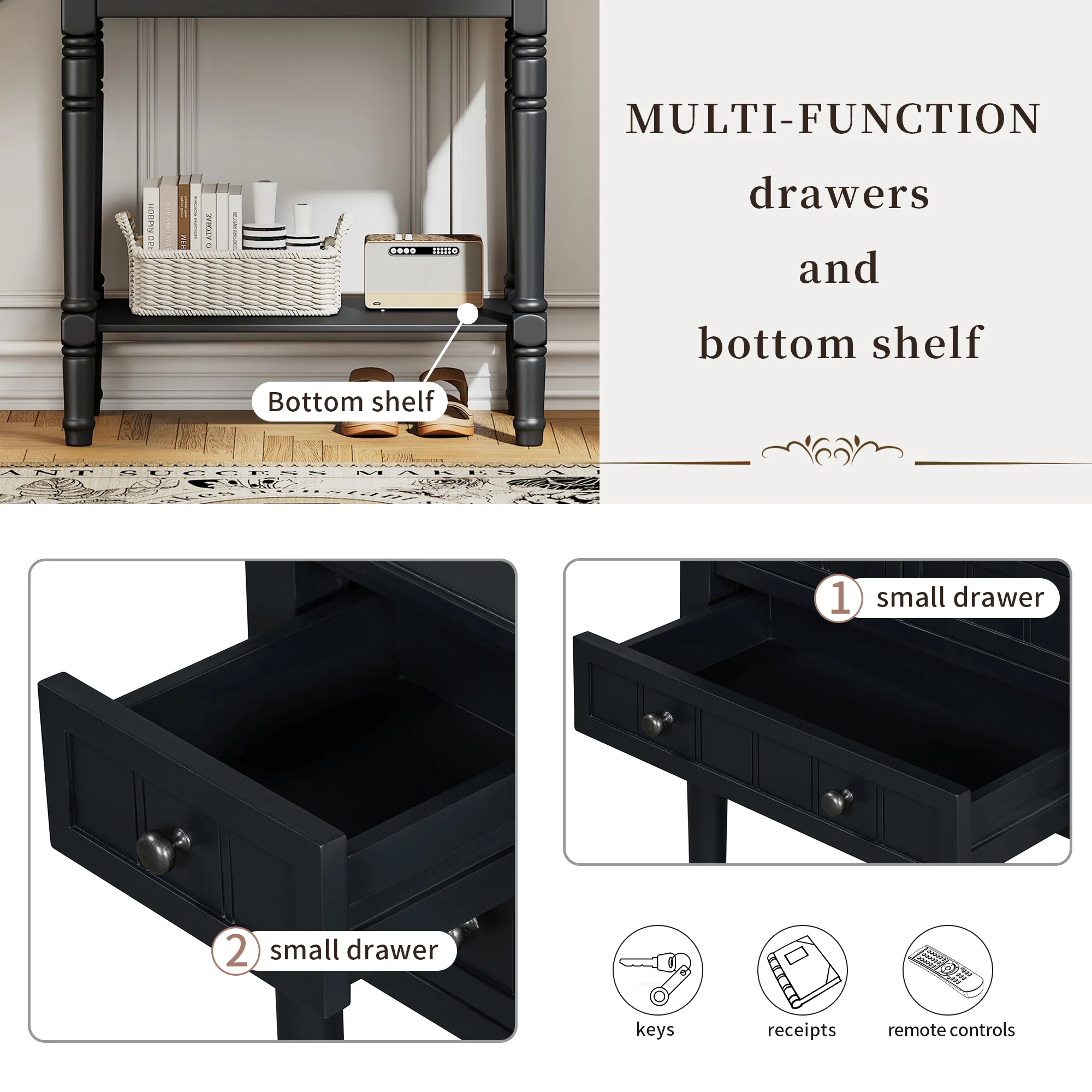 Conquest Narrow Console Table with 3 Drawers and Bottom Shelf