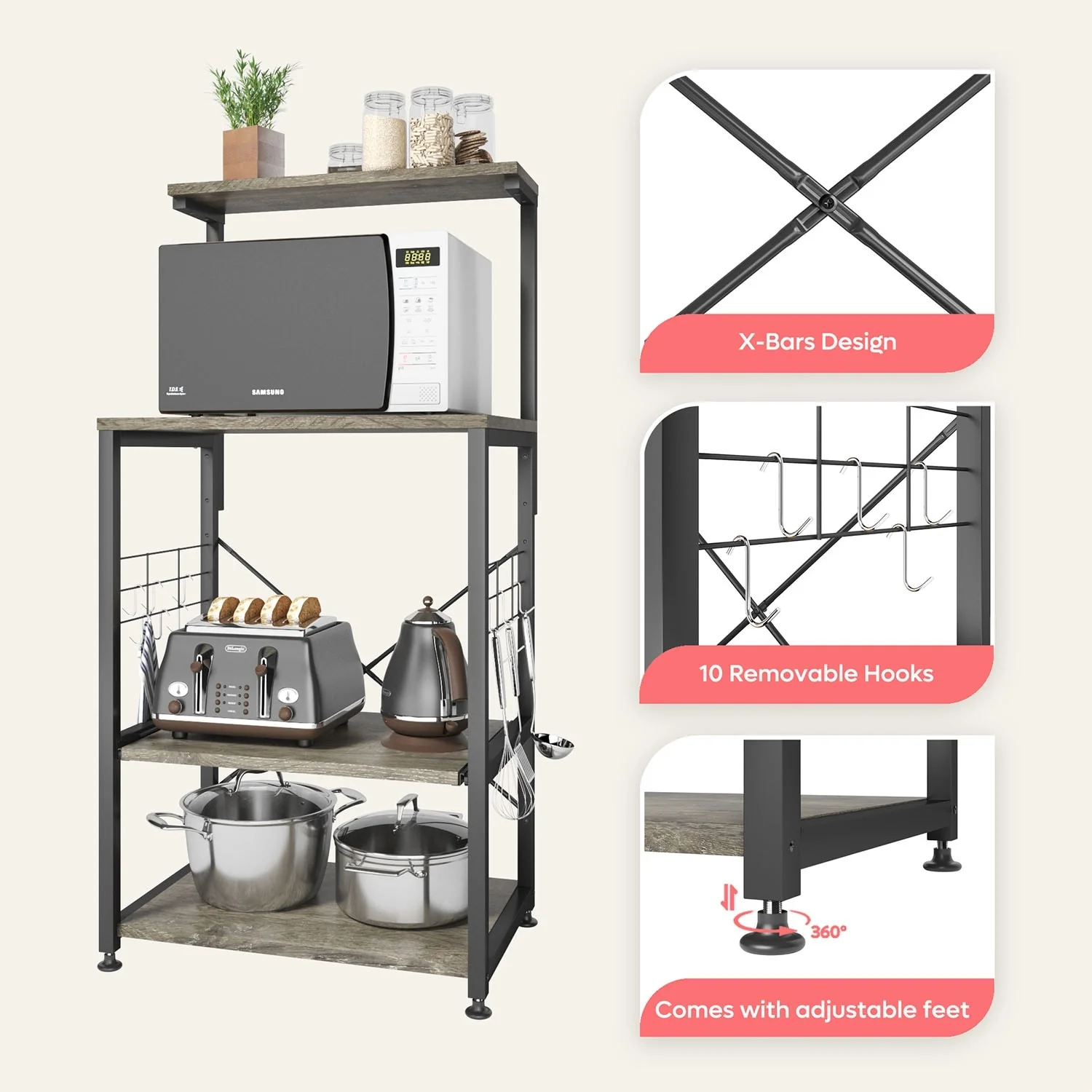 Kitchen Bakers Rack with Storage Shelves &USB Outlets, Microwave Oven Stand Kitchen Shelf Organizer