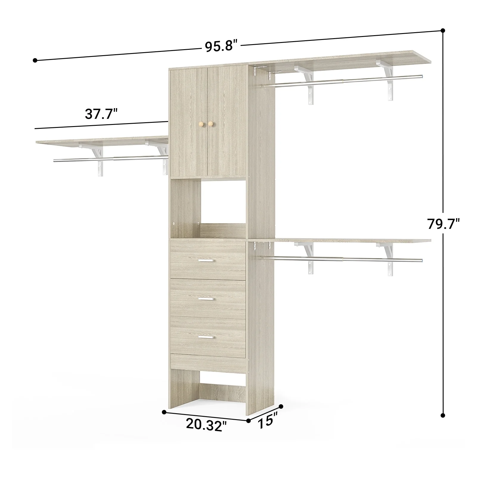 20''-96'' Wide Wooden Closet Organizer With Doors, Adjustable Closet System with Drawers and Hanging Rods