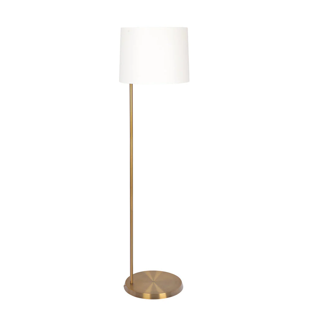 61 Floor Lamp with Drum-Shaped Linen Shade and Brass Base