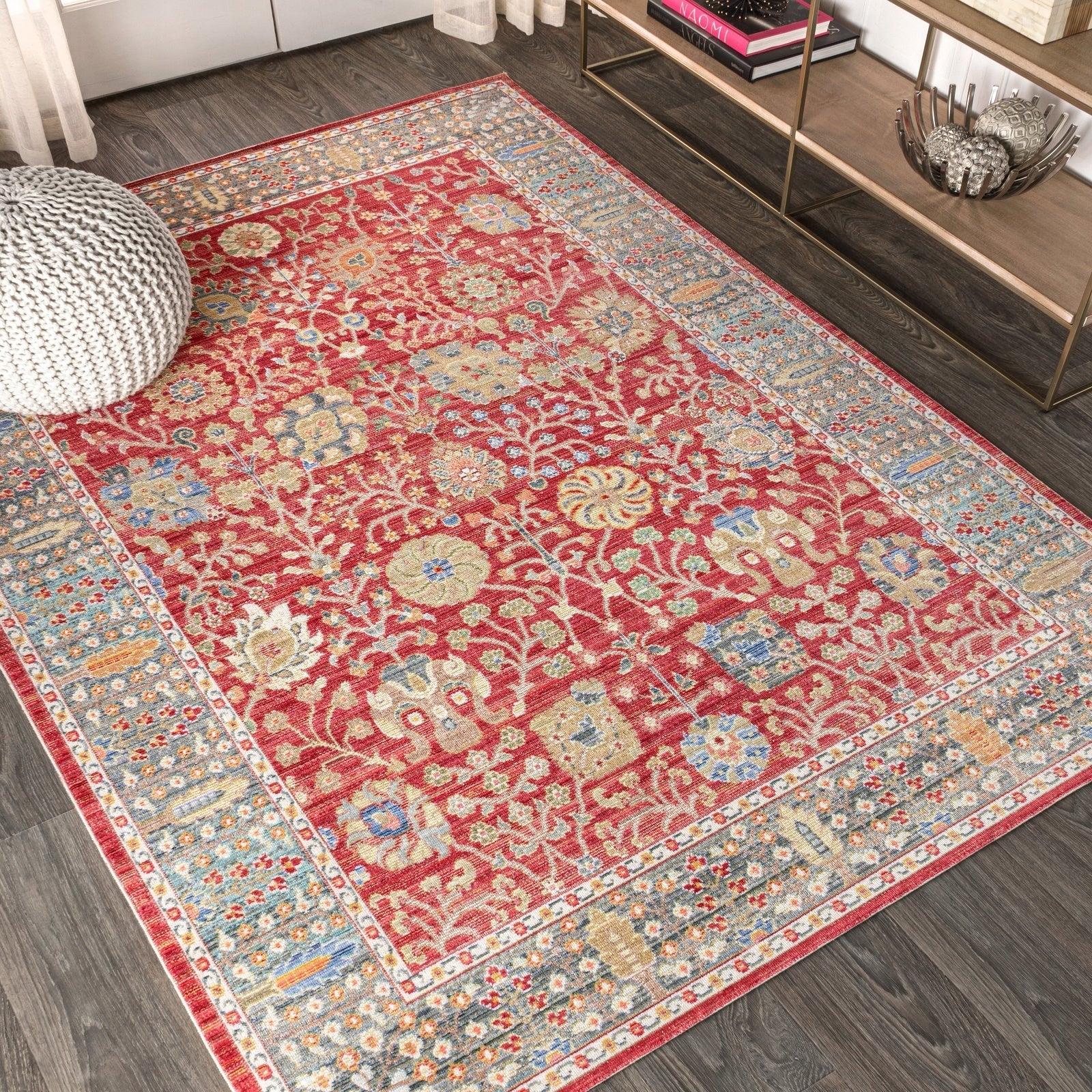 India Flower and Vine Burgundy Area Rug