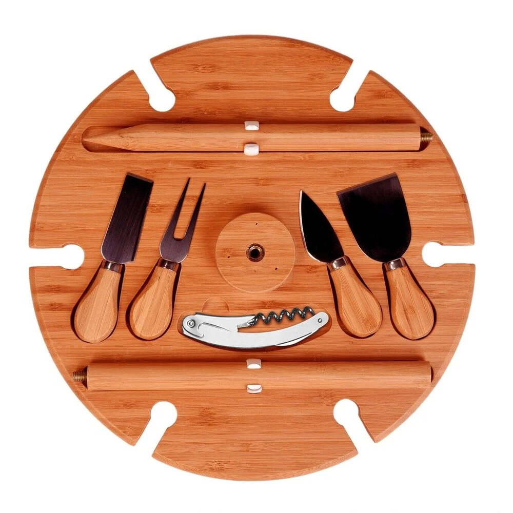 Bambusi Portable Outdoor Picnic Wine Table Holder w Cutlery Cheese Set