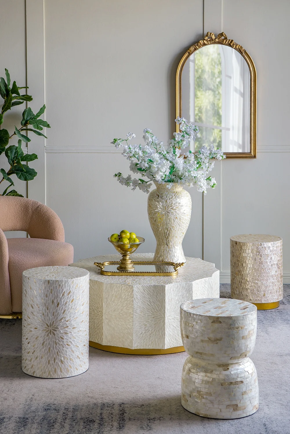 Gold & White Capiz Hourglass Side Table