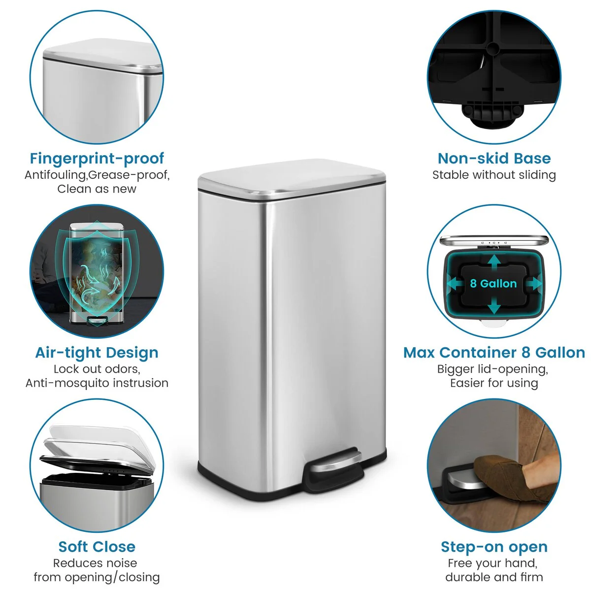 Innovaze 8 Gal./30 Liter Rectangular Stainless Steel step-on Trash Can for kitchen