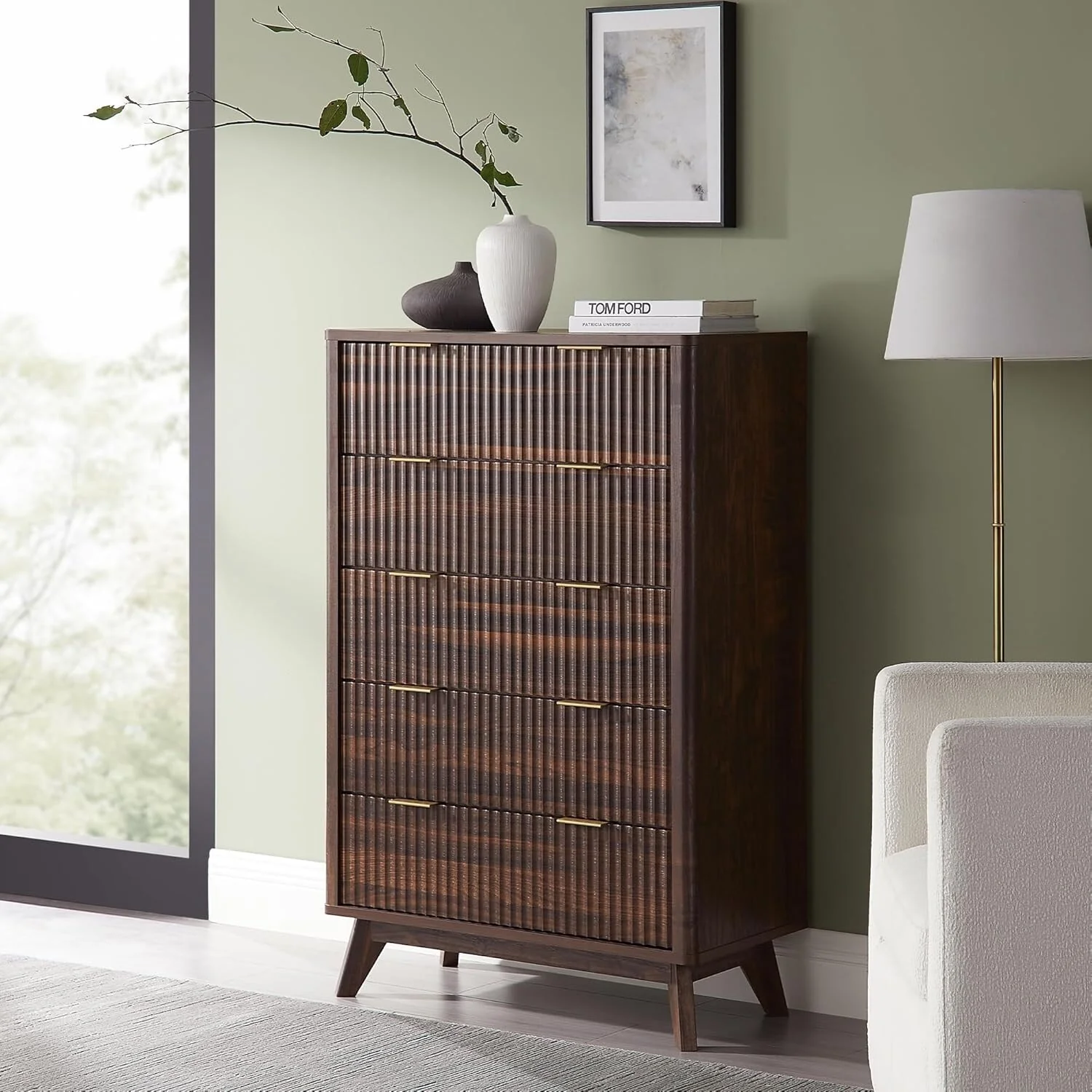 Modern Fluted 5 Drawers Dresser, Chest of Drawers, Dresser TV Stand