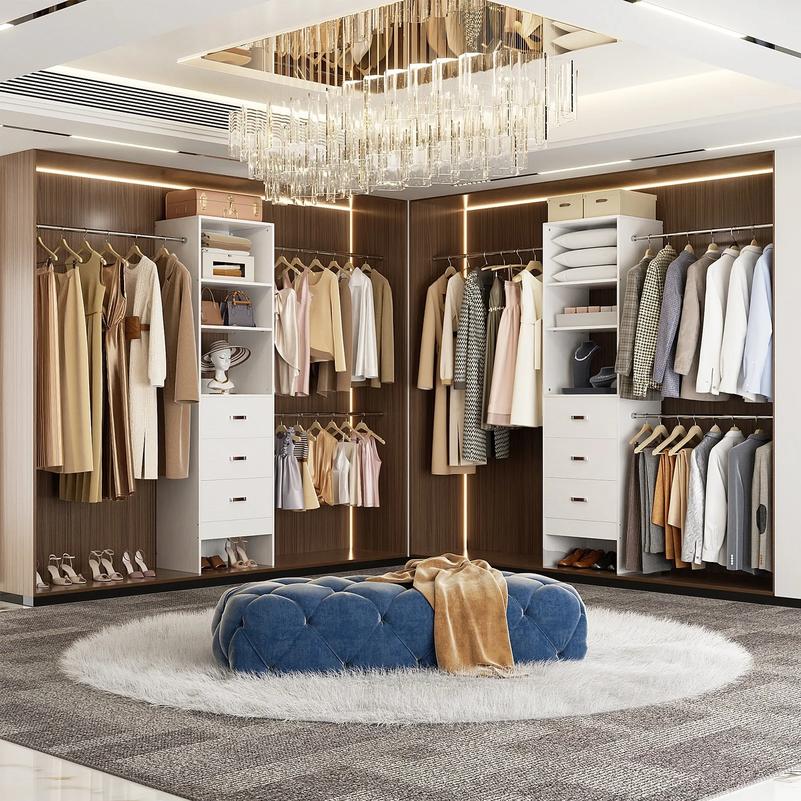 20.5-96'' W Closet Organizer System with Extendable Hanging Rods and Drawers and Tower Shelves