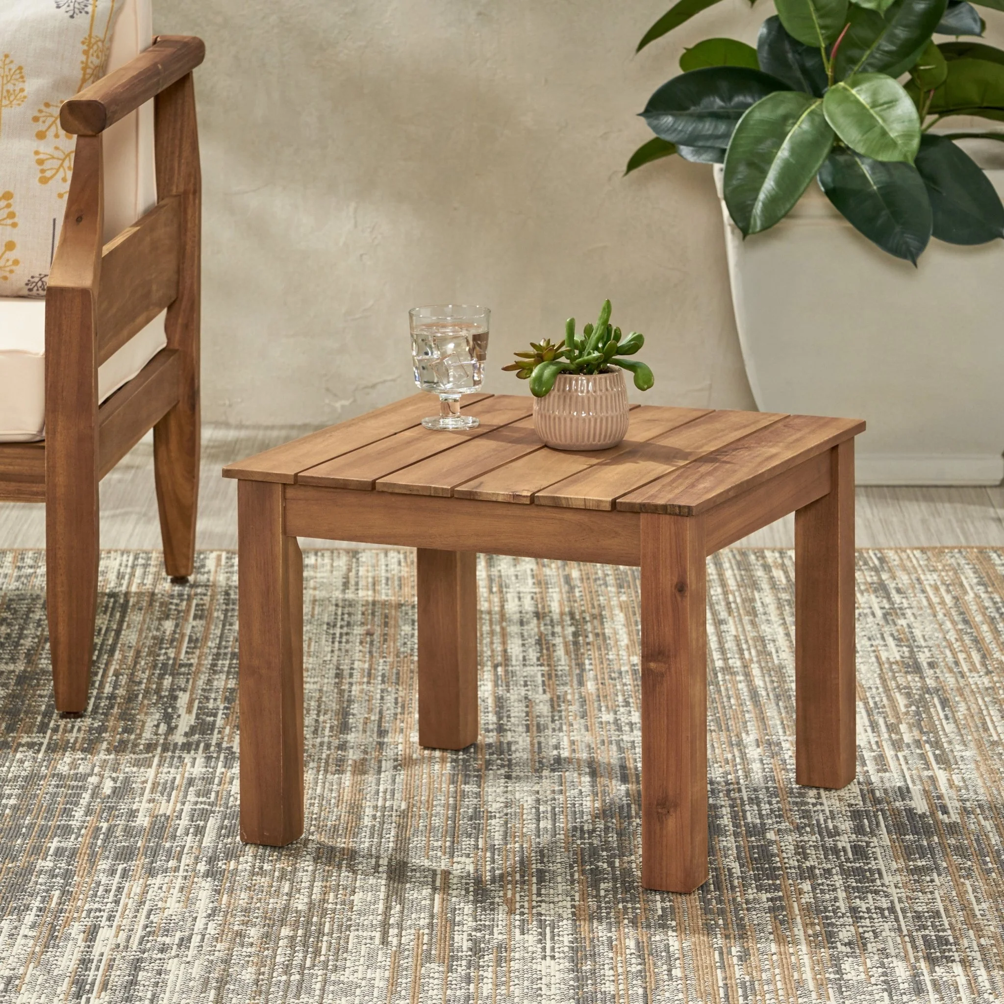Halcyon Outdoor Side Table with Slat Design and Acacia Wood Frame