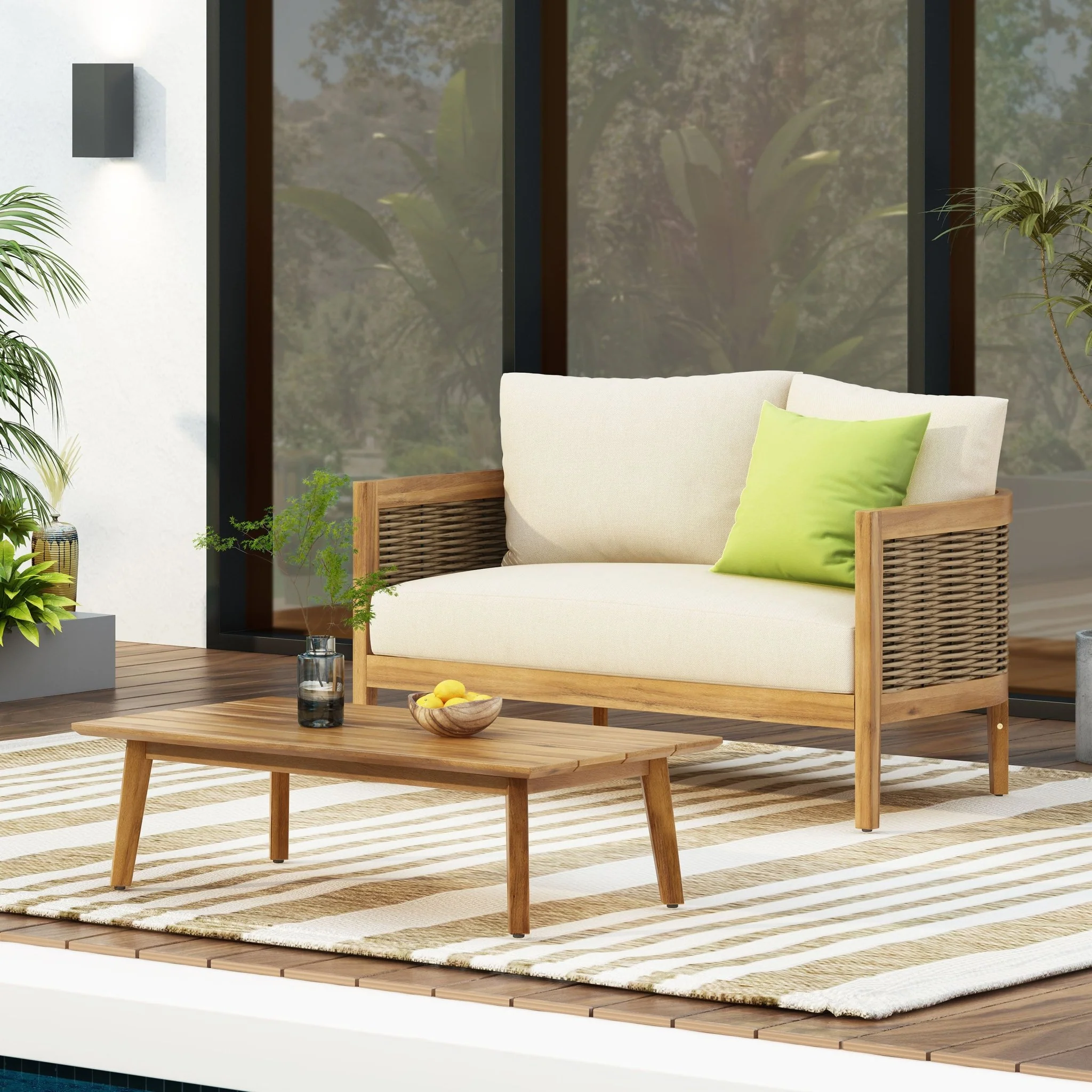 Outdoor 2 Seat Sofa Set with Cushions and Coffee Table