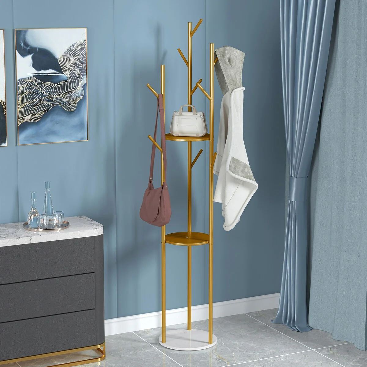 Marble Base Freestanding Clothes Hanging Rack Stand with Storage Shelf