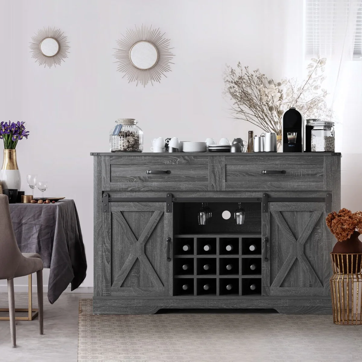 Royalcraft 51.96 Inch Bar Cabinet with Wine Rack and Large Storage