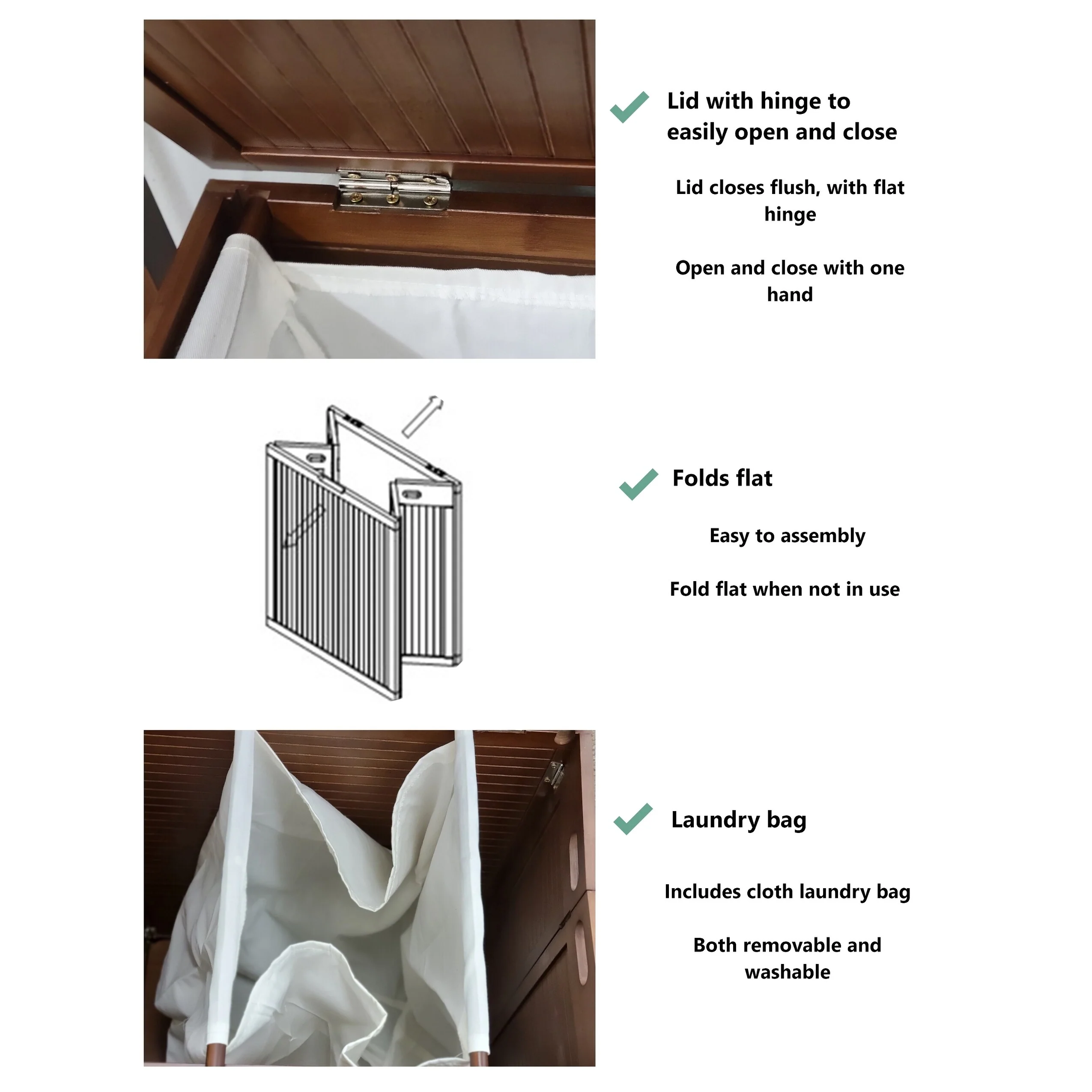 Solid Bamboo Folding Clothes Hamper w/ Removable Laundry Bag