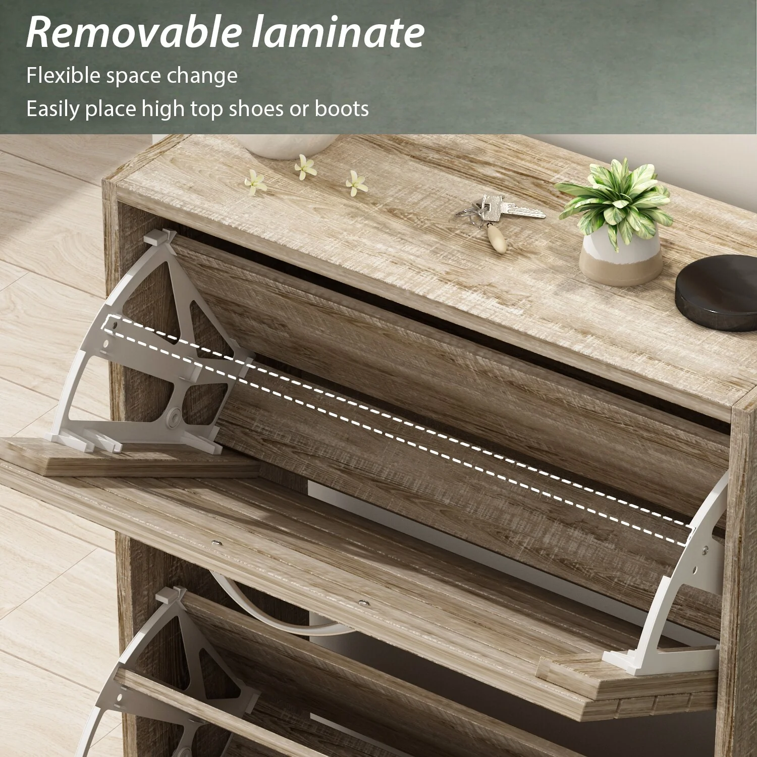Shoe Storage Cabinet Two Drawer Space Saving Grey/Oak/White Dresser