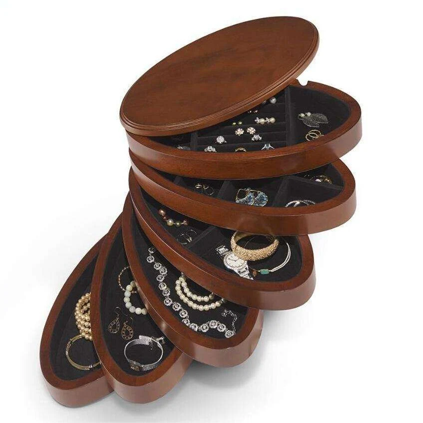 Swivel Wood Jewelry Box Tower, 6 Drawers Organizer, Dark Cherry