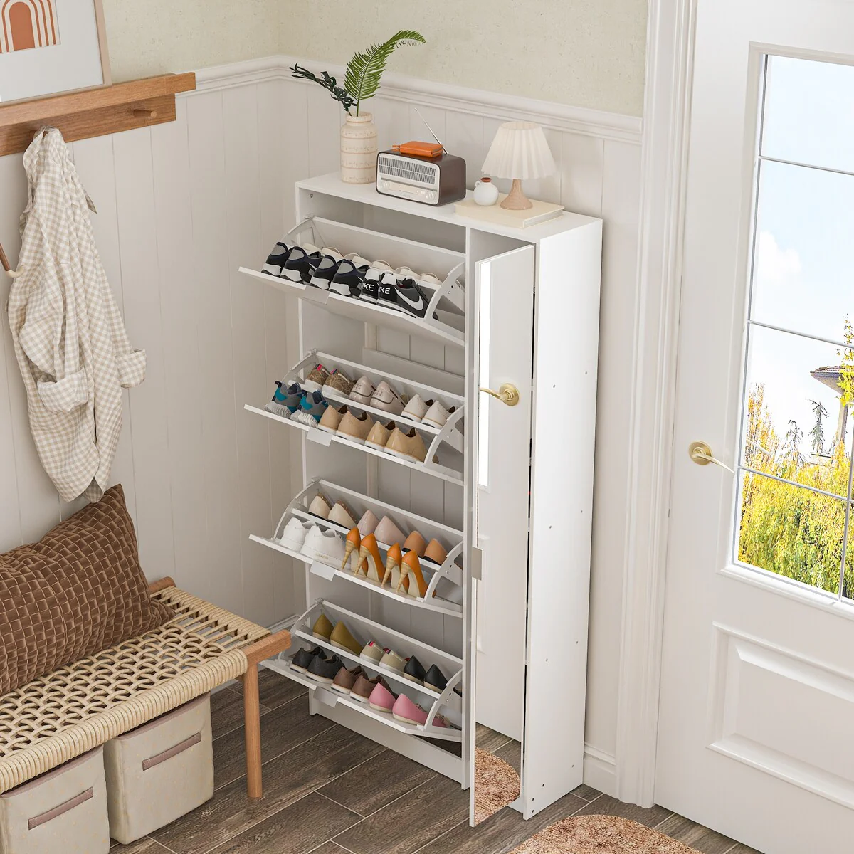 Shoe Organizer w/Mirror Elegant Space Enhancer Entryways Shoe Cabinet