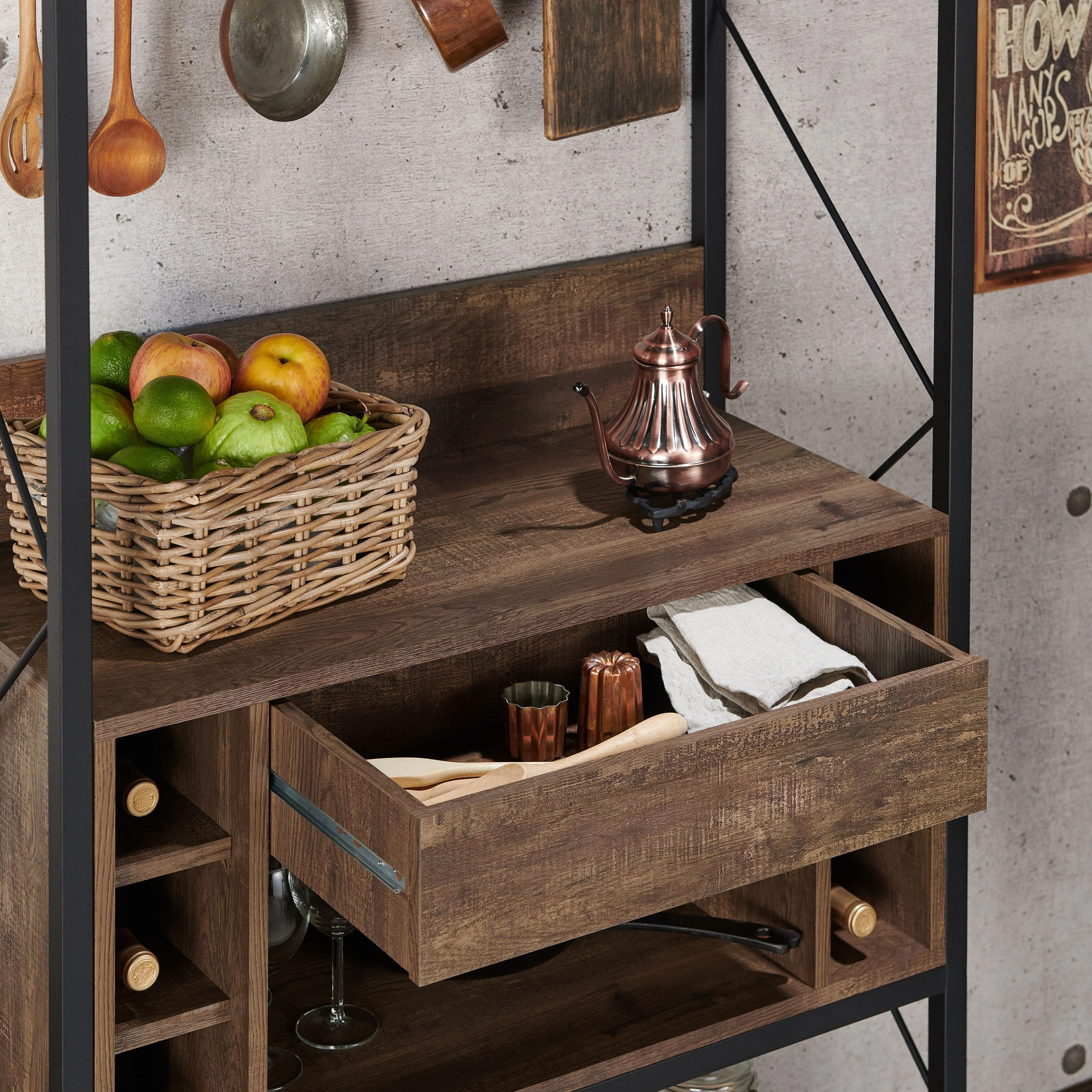 DH BASIC Industrial Reclaimed Oak 67-inch Metal 6-Wine Slots Baker's Rack by Denhour