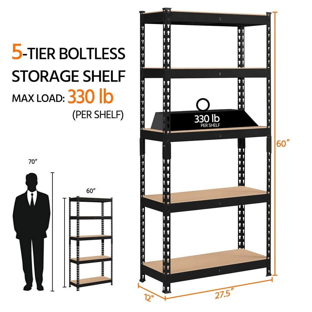 Yaheetech 5 Tiers Boltless Storage Shelf 330lb Capacity for Each Tier,Metal Frame MDF Wood Boards